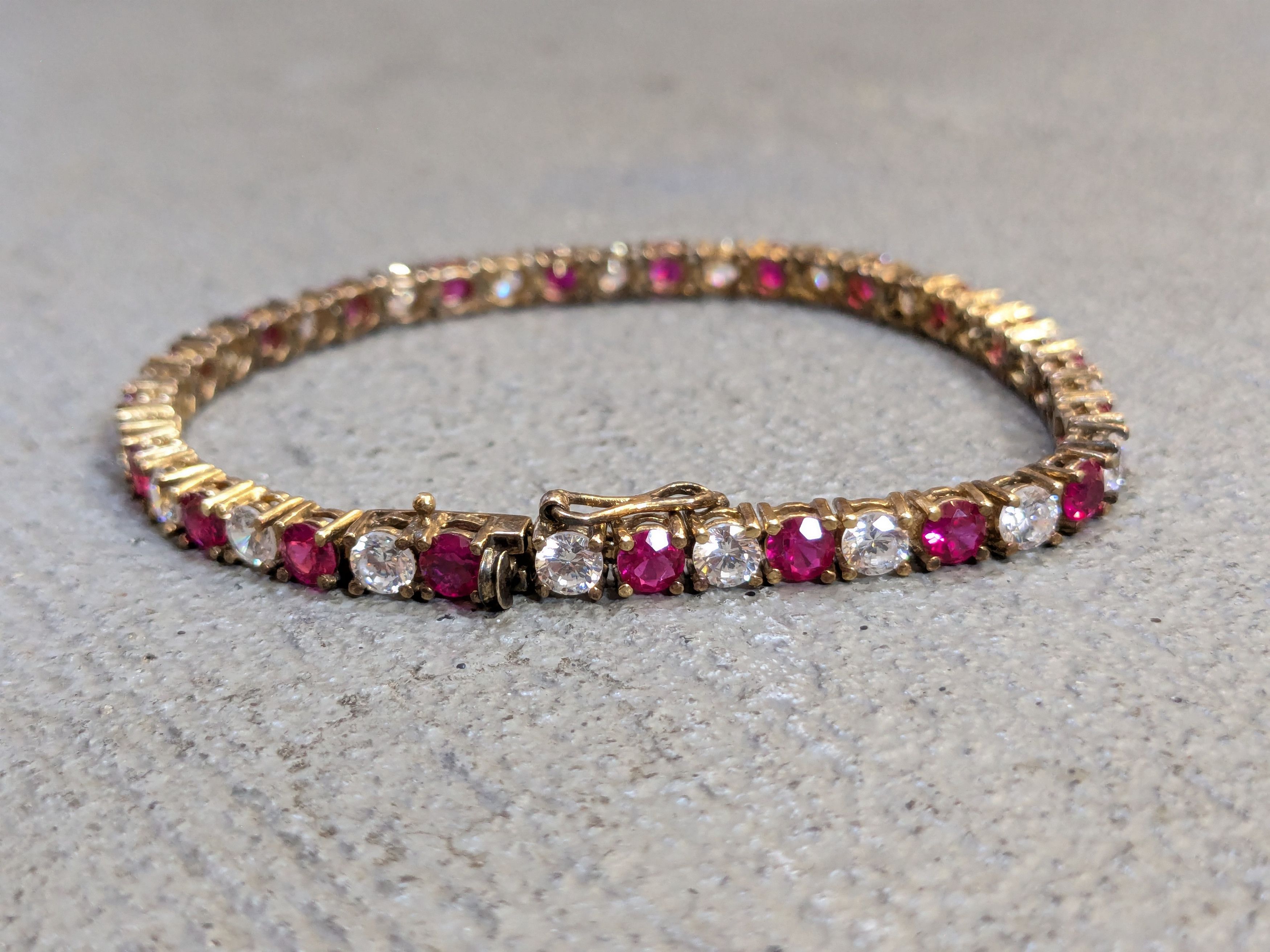 Jewelry Vintage Sterling Silver Bracelet 7.5" Red Ruby CZ Round Gold Size ONE SIZE - 6 Thumbnail