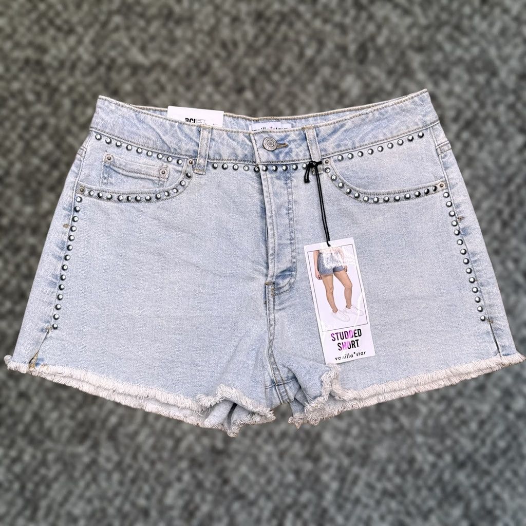 Vintage Vanilla Star Ivory Cut-Off Shorts Womens w28 7 High Rise Stretch Studded 5-Pocket Denim Inseam 2.5 in Size 28" / US 6 / IT 42 - 1 Thumbnail