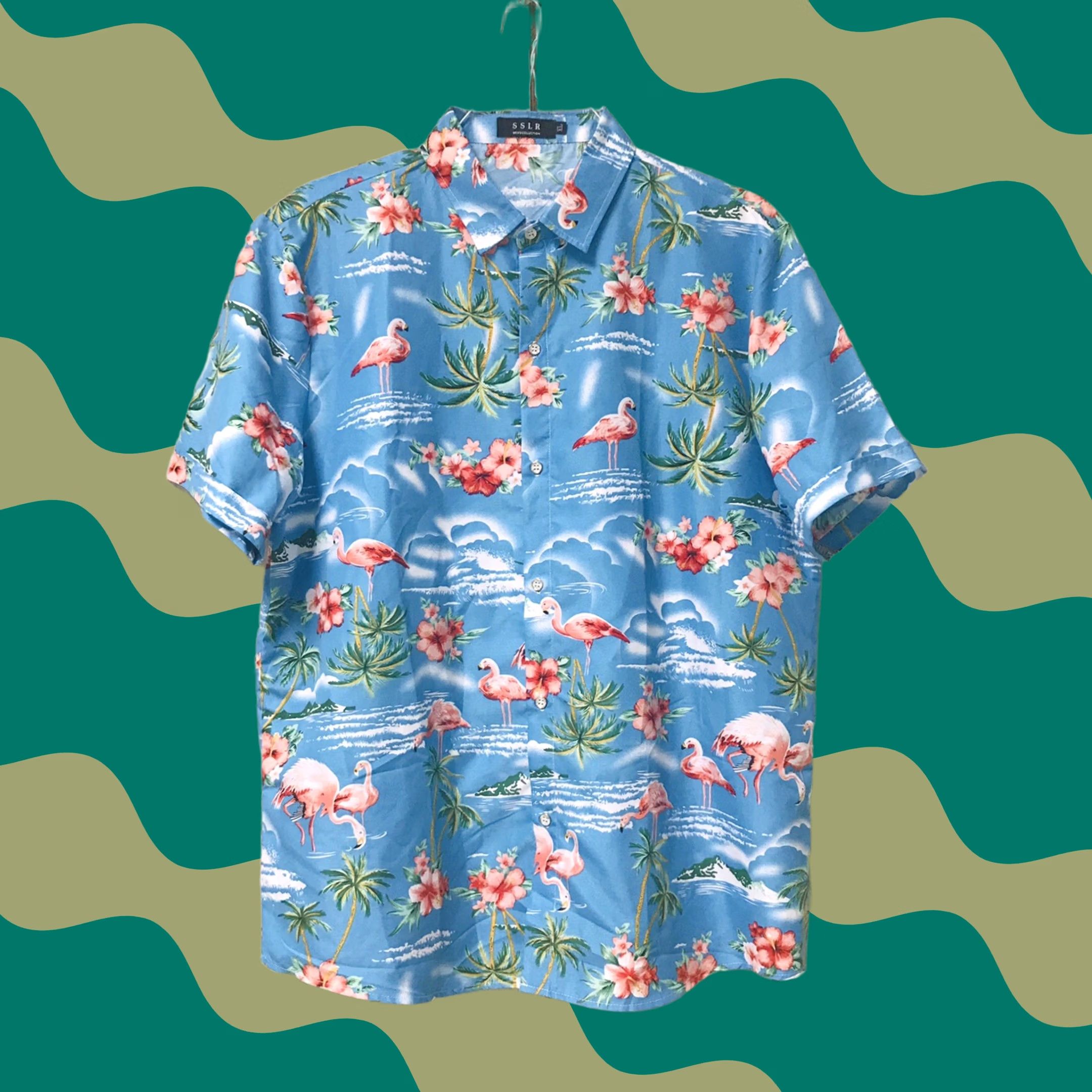 Vintage SSLR Men Tropical Flamingo Palm Tree Hibiscus Floral Island Button-Up Hawaiian Short Sleeve Shirt XL Size US XL / EU 56 / 4 - 1 Thumbnail