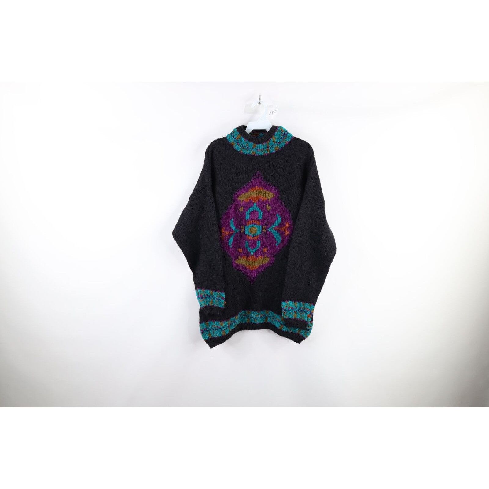 image of Vintage 90's Streetwear Chunky Knit Mock Neck Tunic Sweater in Black, Women's (Size XL)