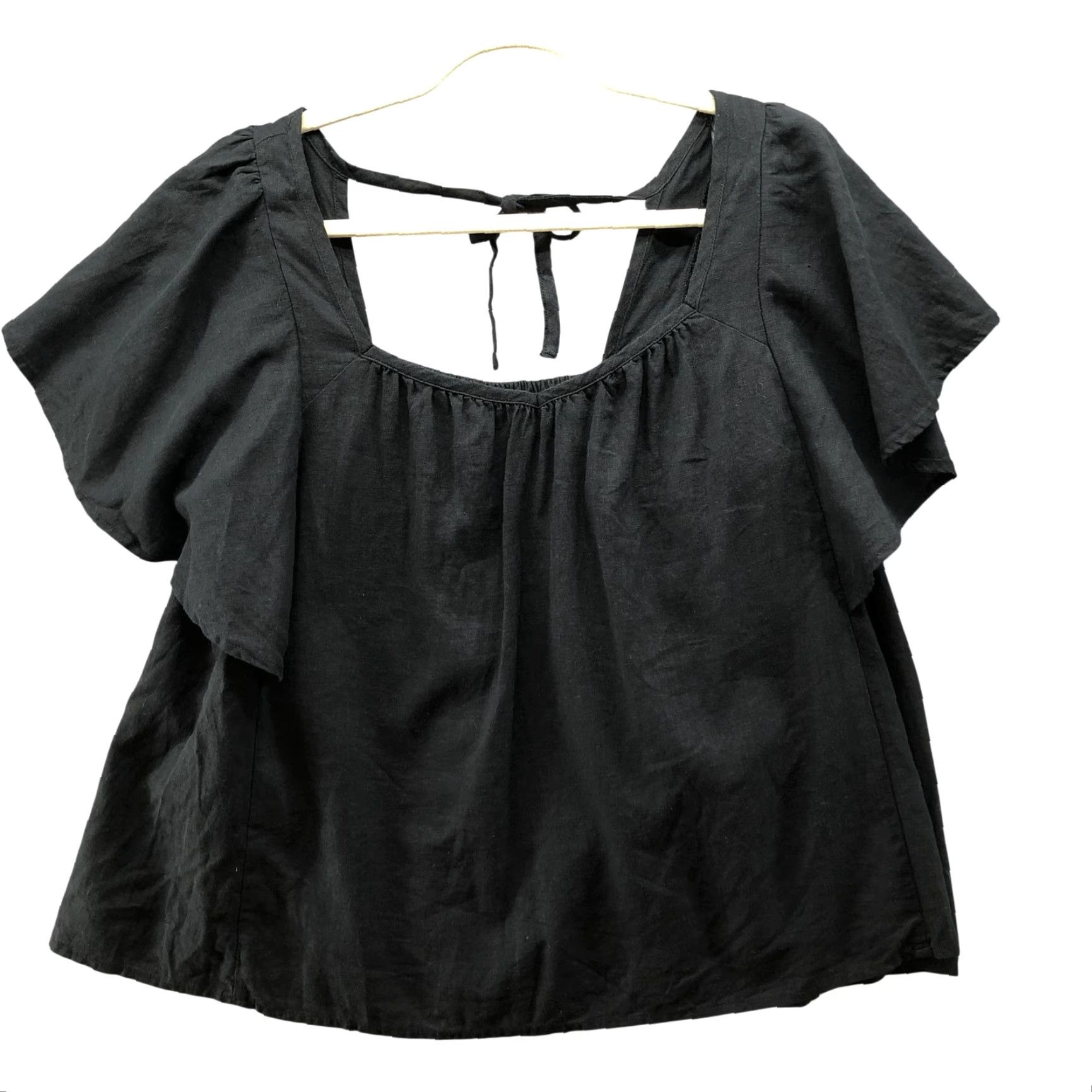 Old Navy Old Navy Blouse Womens L Black Linen Blend Flutter Sleeve Tie Back Square Neck Size L / US 10 / IT 46 - 2 Thumbnail