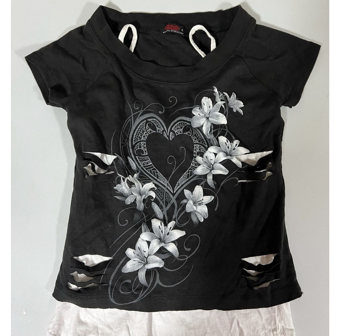 Vintage Spiral Hibiscus Floral Y2K Layered Shirt Top Tee Size S 🤍🖤 Size S / US 4 / IT 40 - 4 Thumbnail