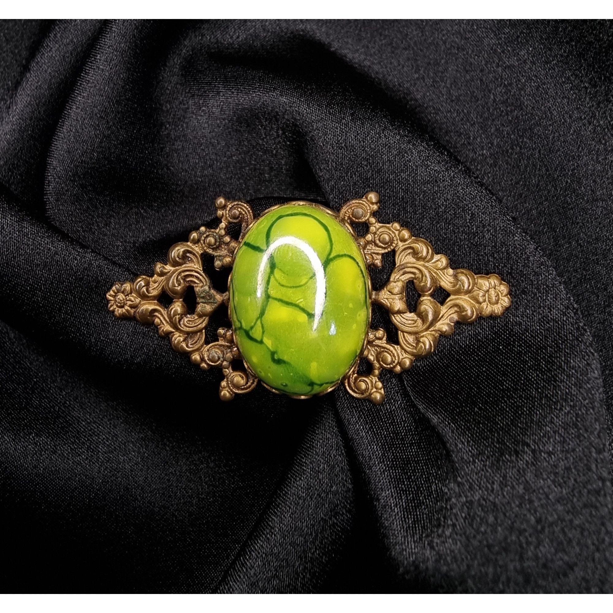 Vintage Antique Early 20th Century Ornate Brass Brooch With Vibrant Size ONE SIZE - 1 Thumbnail