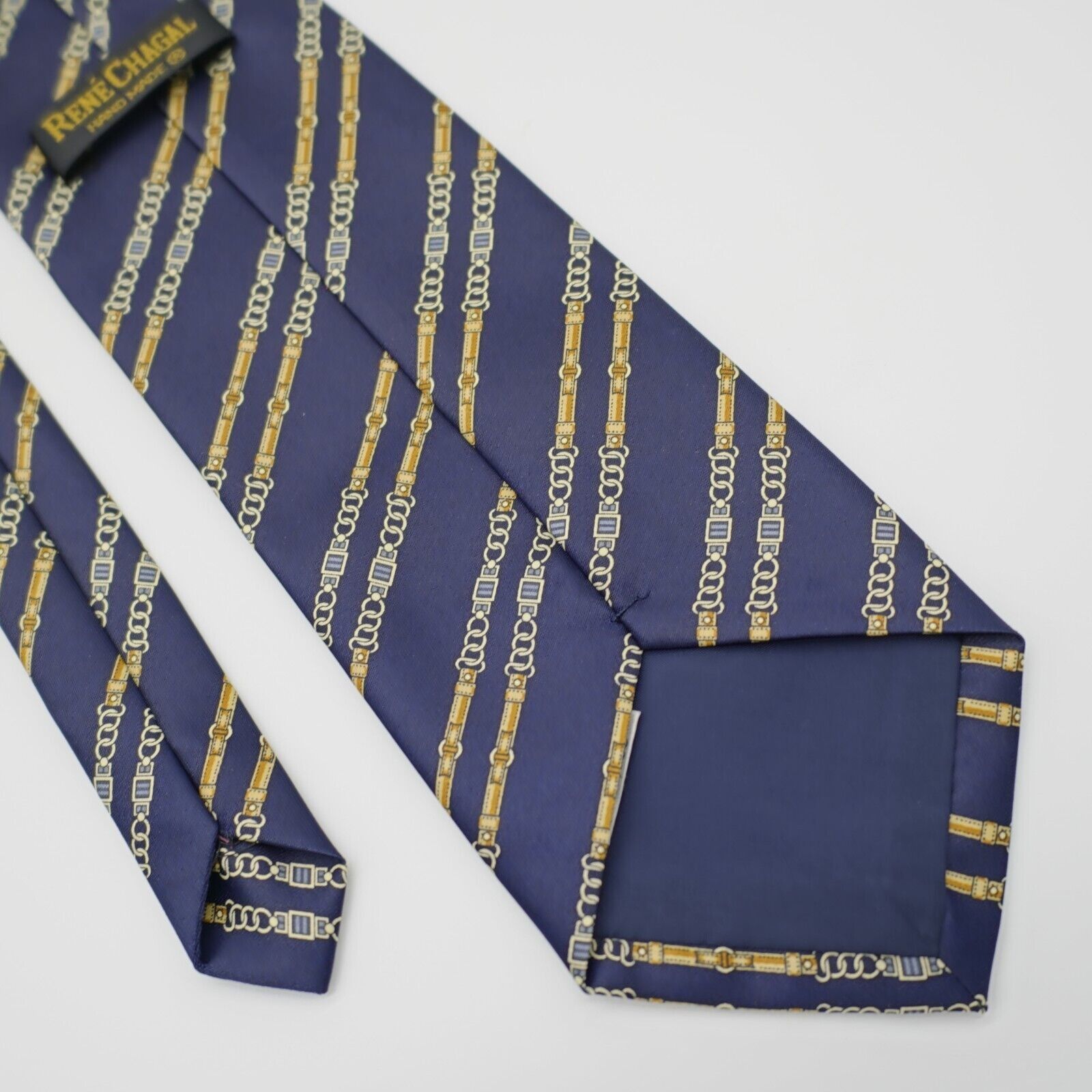 Designer Rene Chagal Handmade Blue Novelty Chains Print Wide Silk Tie Size ONE SIZE - 4 Thumbnail