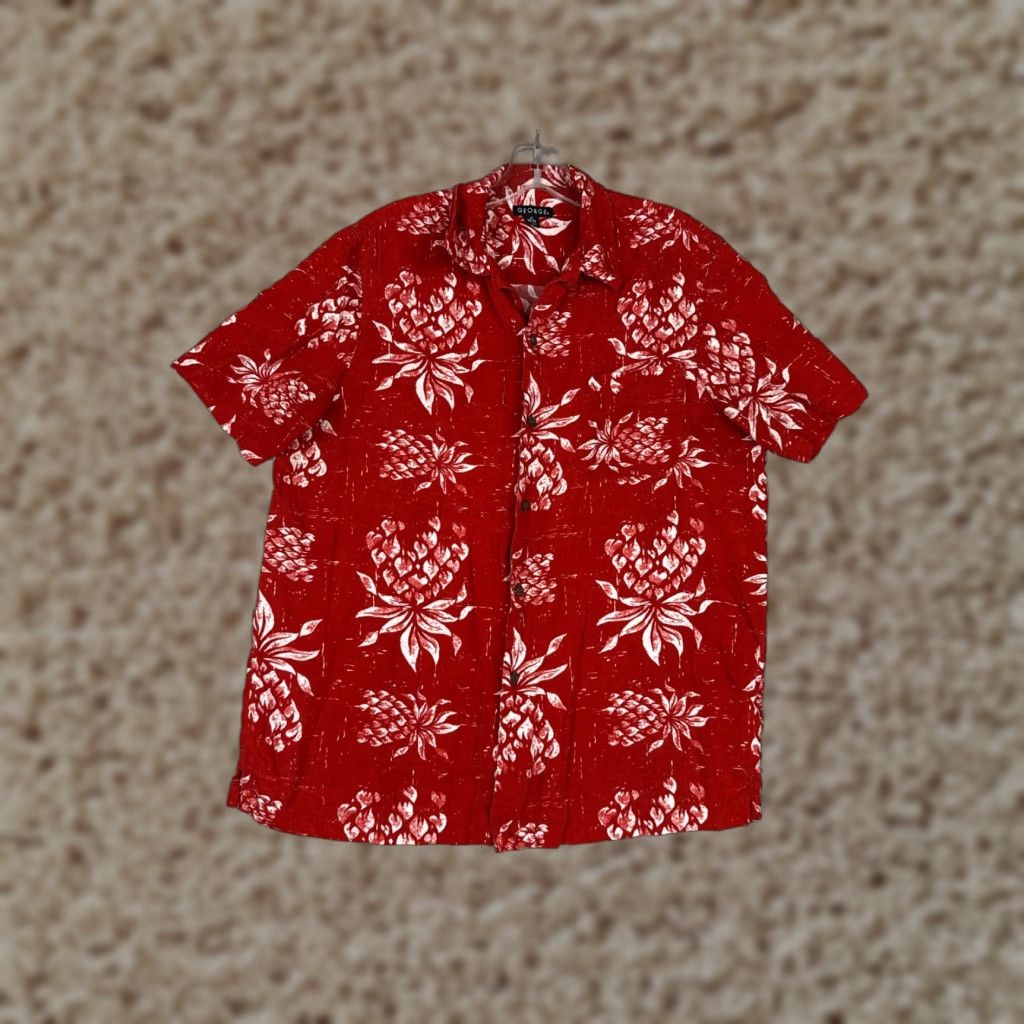 George George Shirt Adult Medium Red Pineapple Floral Button Up Hawaiian 100% Rayon - Men, Floral, Hawaiian, Button-Up, Short Sleeve, Viscose, George Size US M / EU 48-50 / 2 - 1 Thumbnail