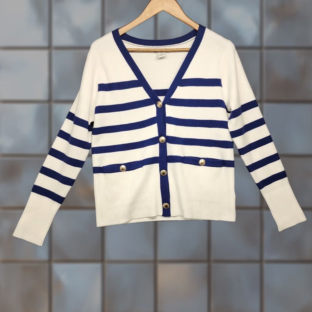 Rachel Zoe VINTAGE Rachel Zoe Cardigan Women Medium Blue Stripe Gold Button Nautical Yacht Boating Cardigan Size M / US 6-8 / IT 42-44 - 1 Thumbnail