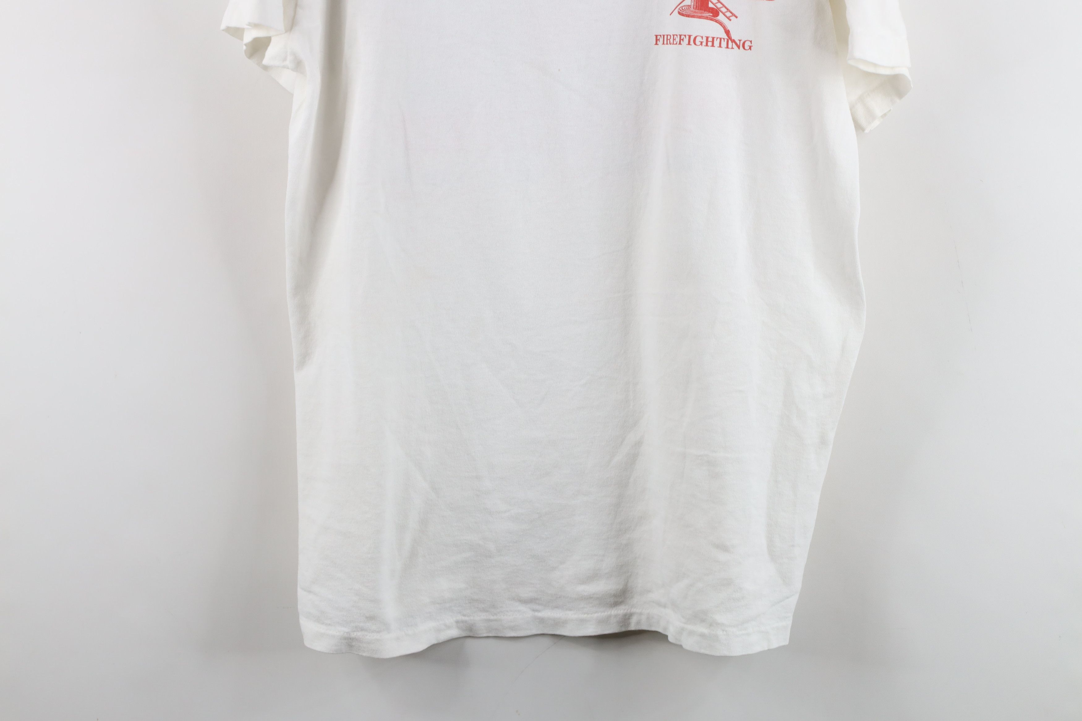 Vintage Vintage 90s Streetwear Naked Firefighting T-Shirt White USA Size US L / EU 52-54 / 3 - 3 Thumbnail