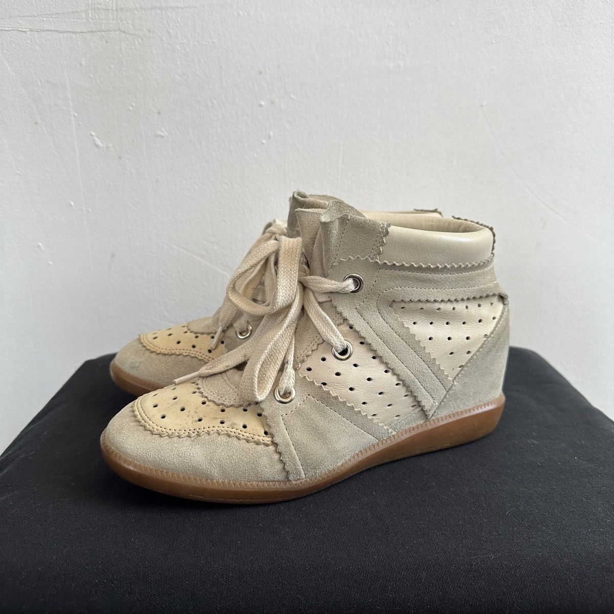 image of Isabel Marant Bekett Leather Wedge Sneakers Wmns Bootie in Beige, Women's (Size 9)