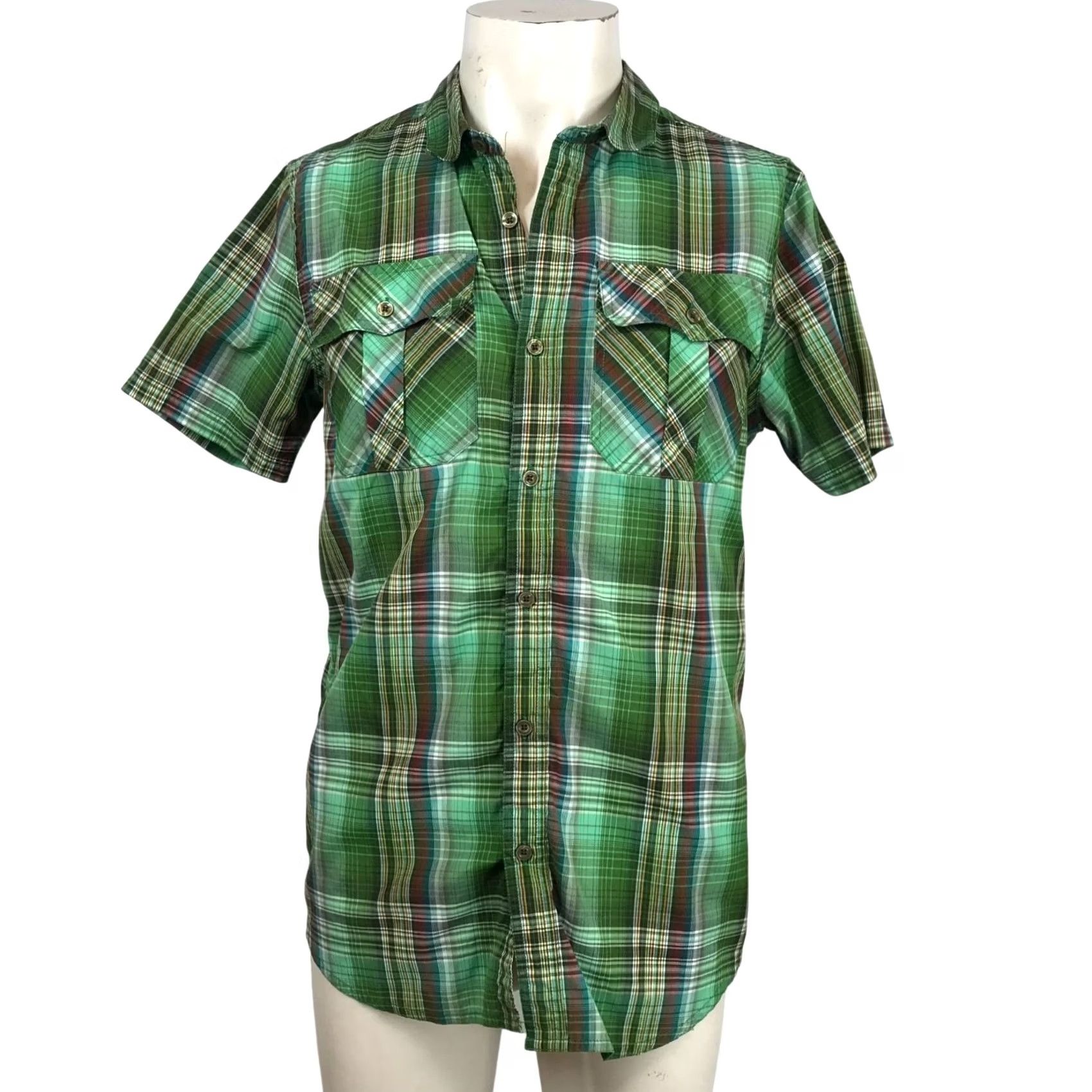 Prana prAna MEN'S M GREEN PLAID SHORT SLEEVE COLLARED BUTTON ORGANIC COTTON Shirt Size US 31 - 2 Thumbnail