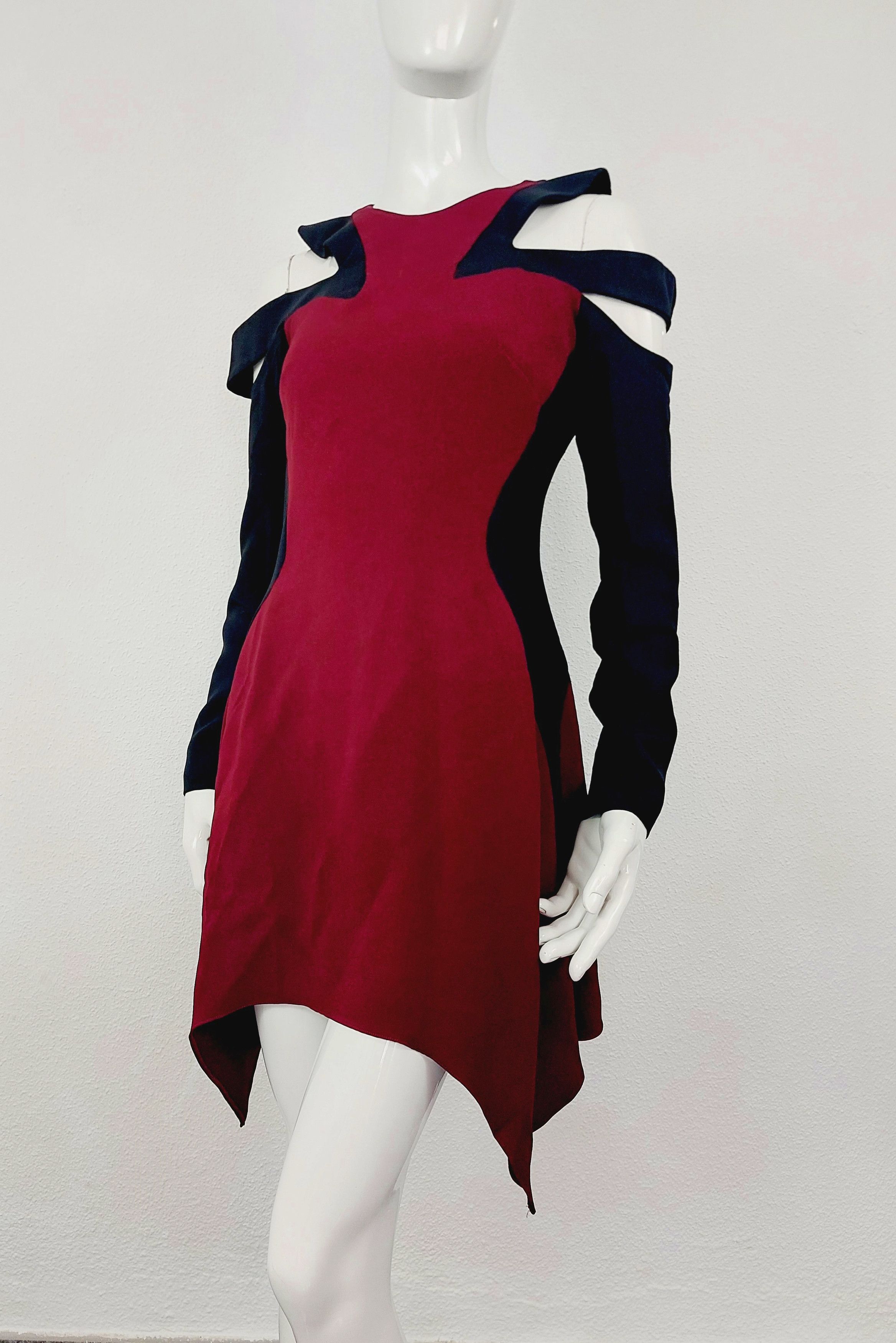 image of Thierry Mugler Couture Sculptural Cut-Out Curved Dress in Black Red, Women's (Size Small)