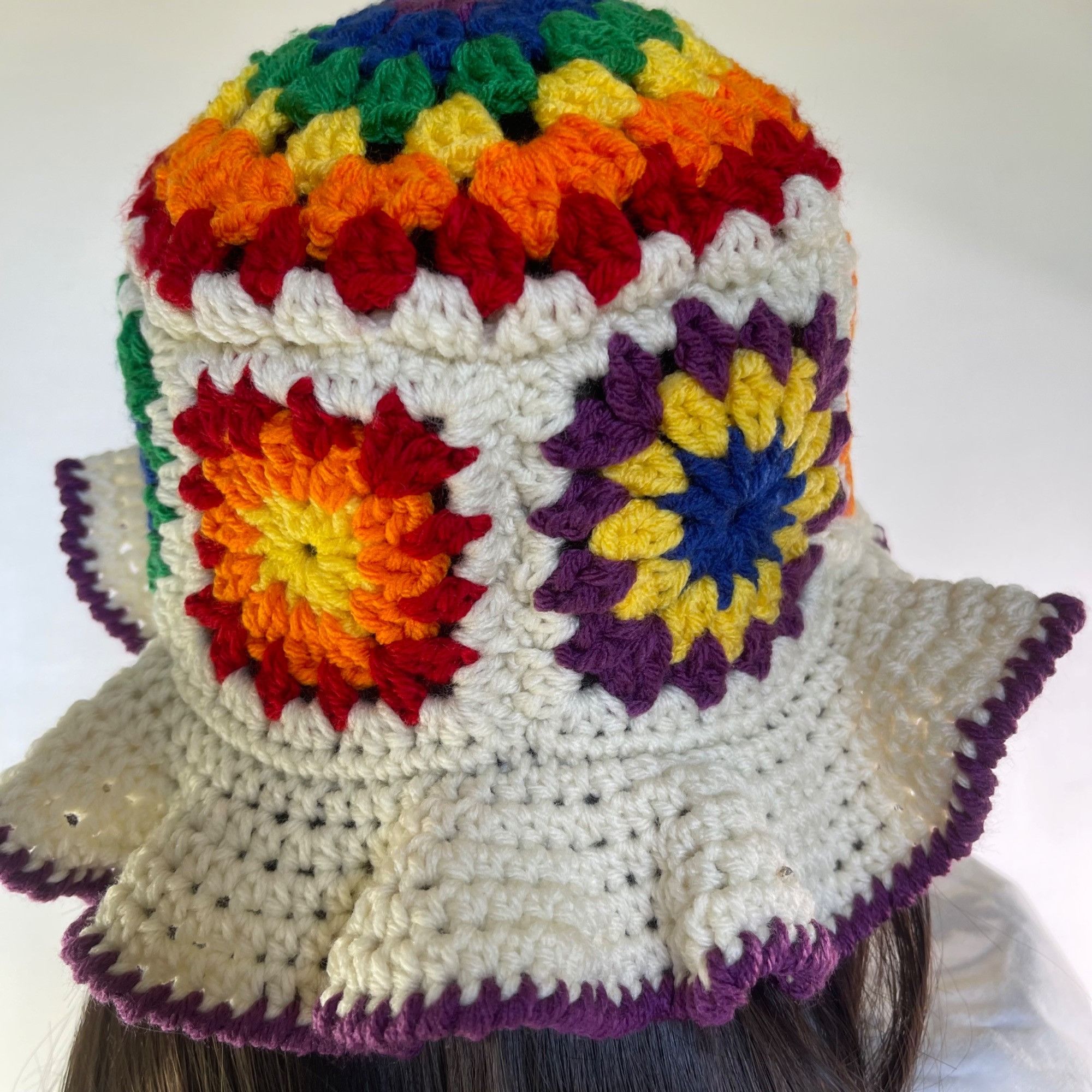 Handmade Crochet Bucket Hat Granny Square in Rainbow Colors and Off-W Size ONE SIZE - 6 Thumbnail
