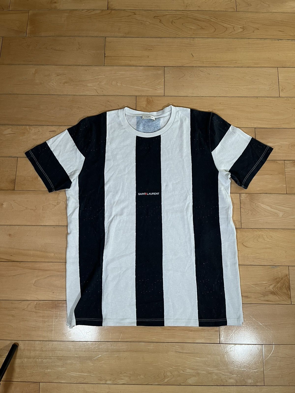image of Saint Laurent Paris NWT - Saint Laurent Rive Gauche Logo Striped T-Shirt in Black/White (Size Small