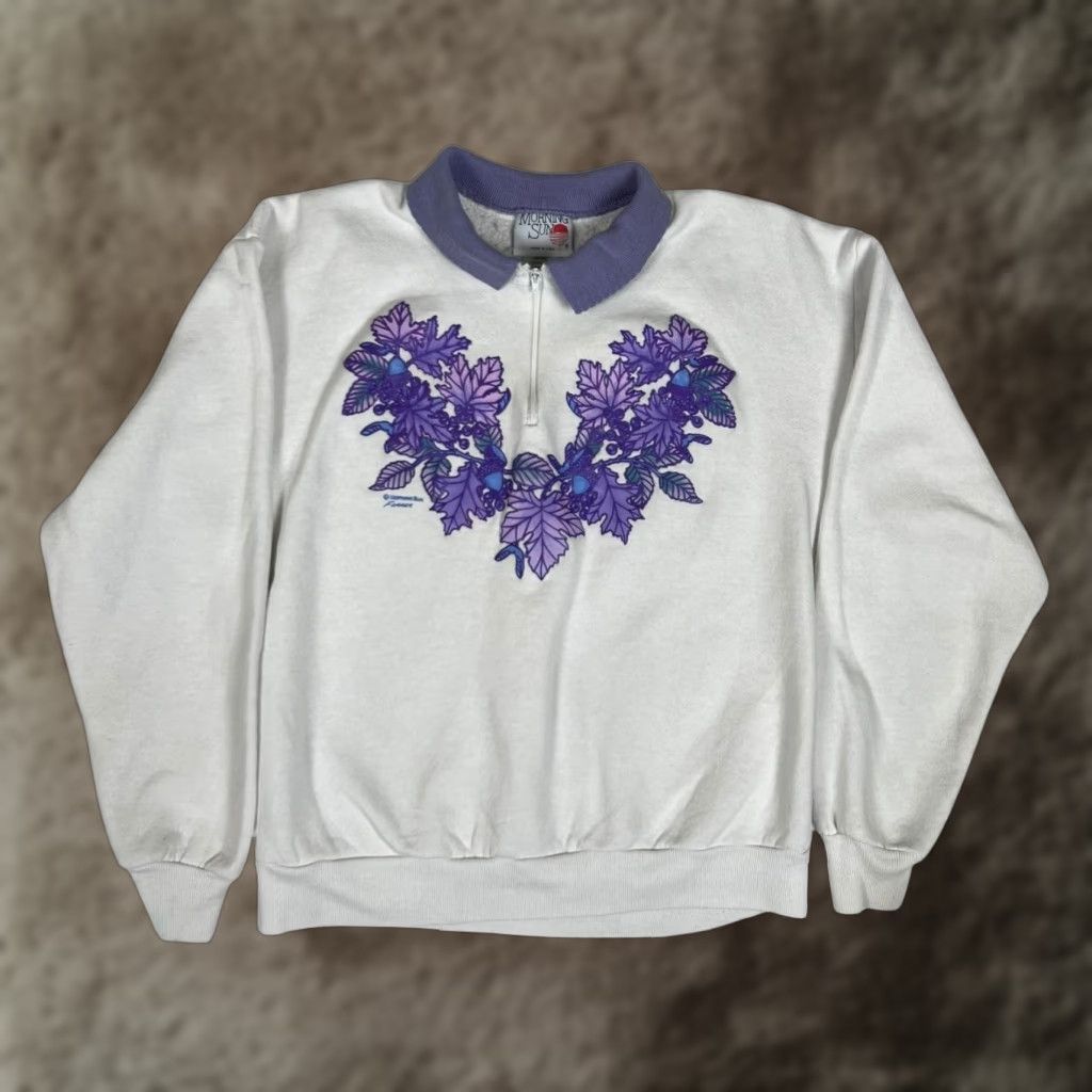 Vintage VINTAGE Morning Sun Sweatshirt Womens Large White Purple Floral Made USA 90s Size L / US 10 / IT 46 - 1 Thumbnail