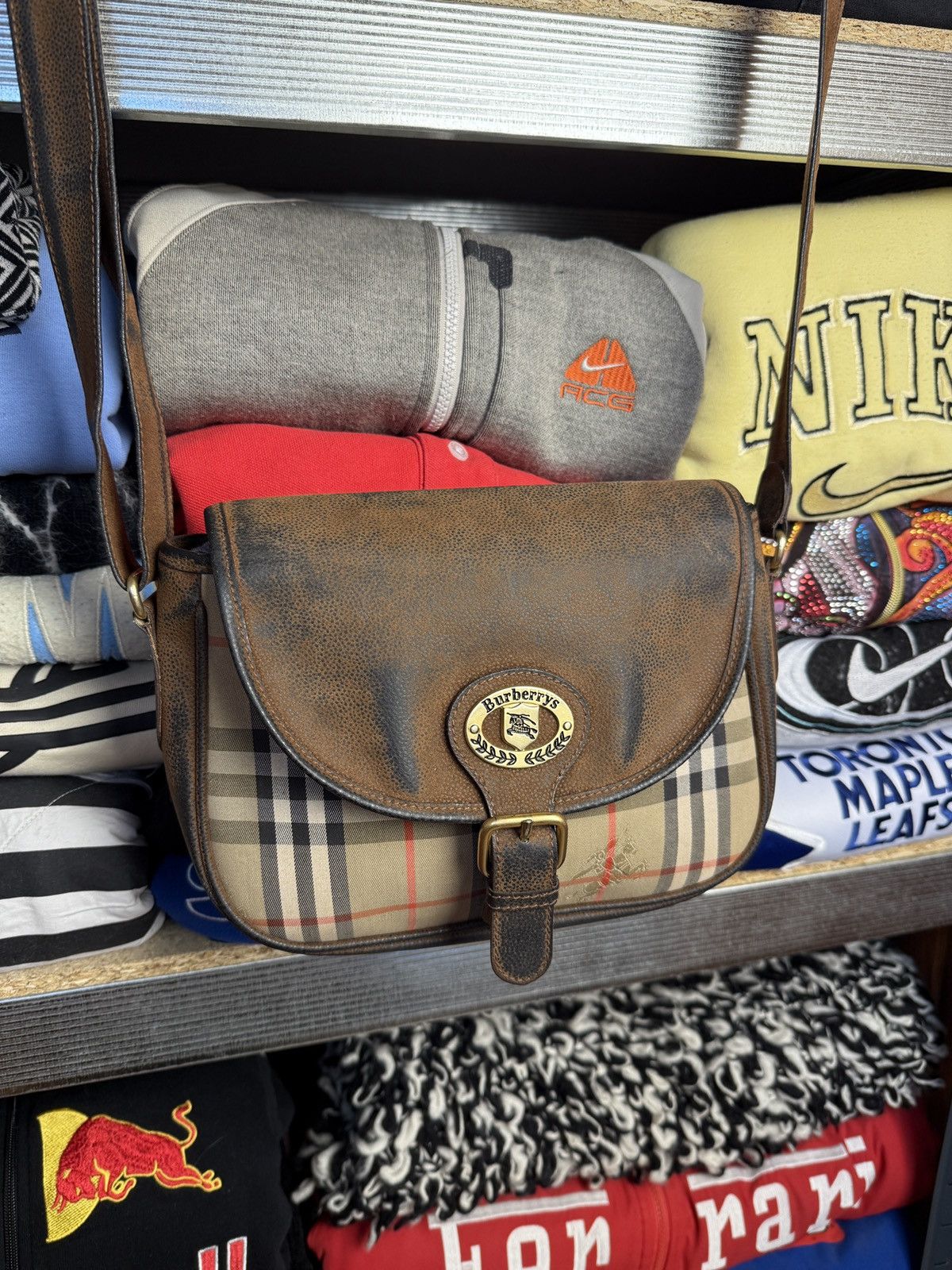 Burberry Leather Monogram Messenger Crossbody Bag