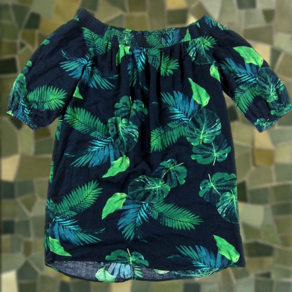 Old Navy VINTAGE Old Navy Cotton Rayon Blue Green Floral Short Sleeve Tunic Shift Dress XL Size 40" / US 18 - 1 Thumbnail