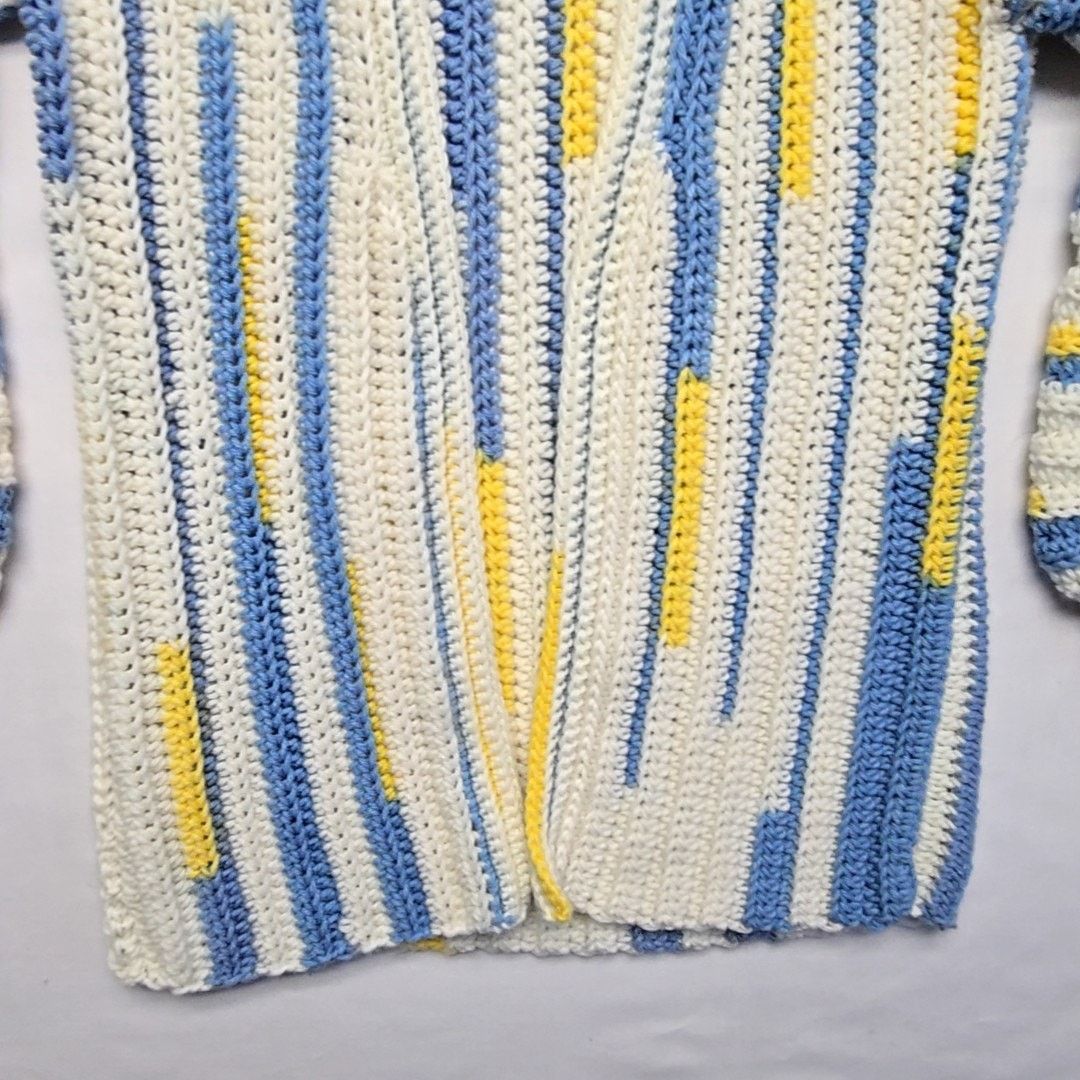 Handmade Knitted Cardigan Womens L Striped Blue White Sweater Size L / US 10 / IT 46 - 3 Thumbnail