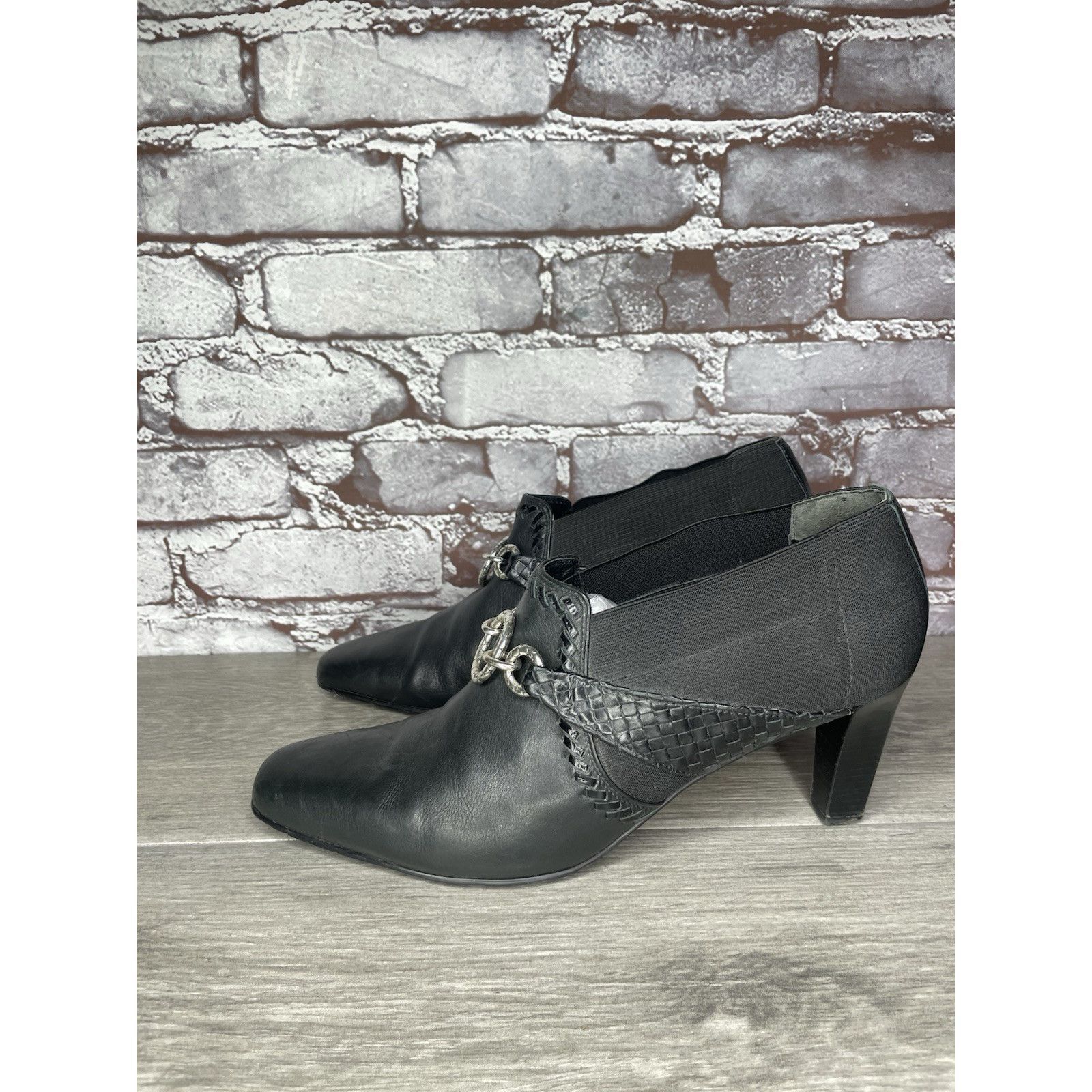 Brighton Brighton Rizzo Black Leather Silver Elastic Heel Ankle Booti Size US 10 / IT 40 - 15 Thumbnail