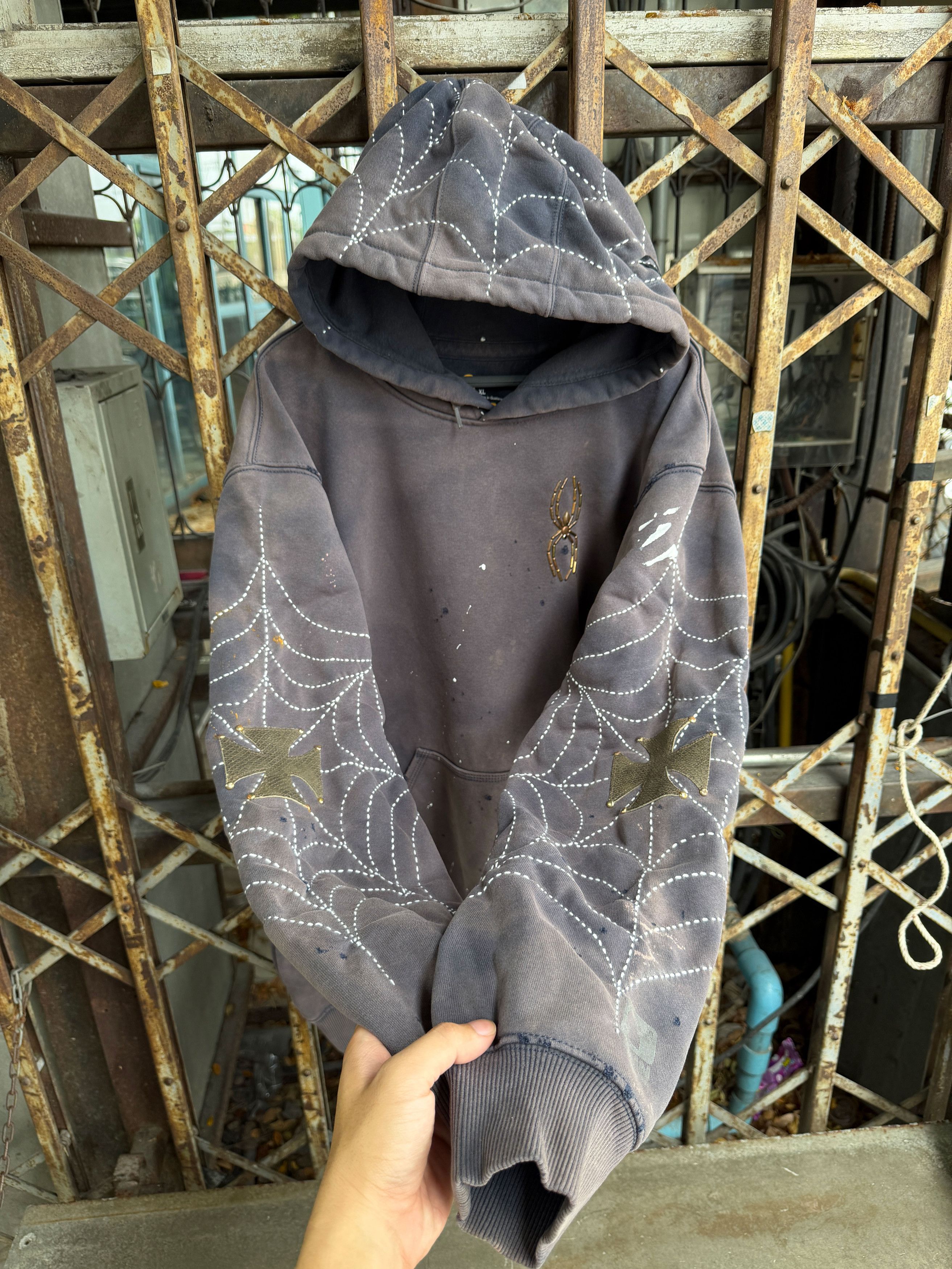 Vintage Faded Sashiko Spider Web Hoodie