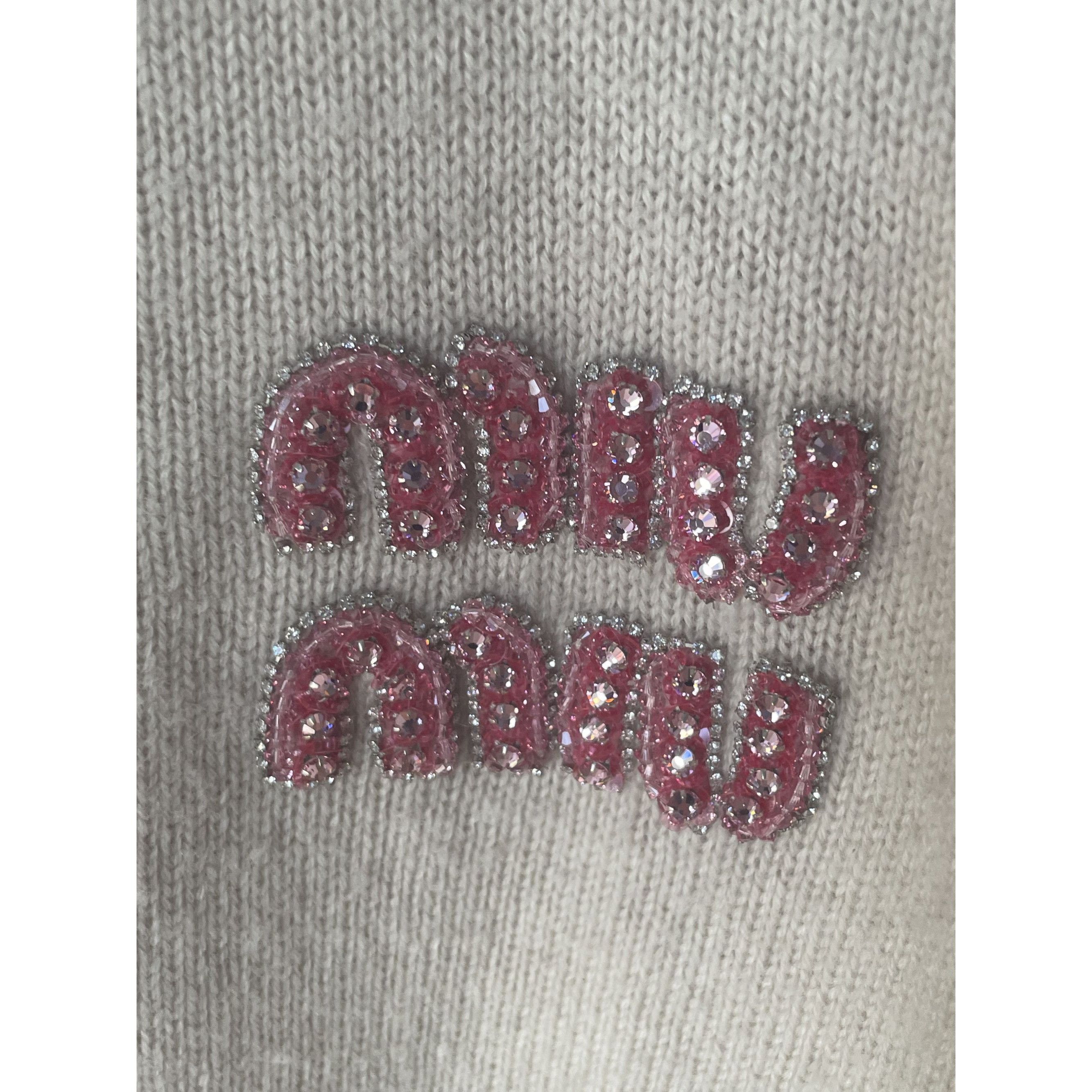Miu Miu Miu Miu Beige Wool Button-Up Cardigan With Pink Crystal Logo Size XS / US 0-2 / IT 36-38 - 6 Thumbnail