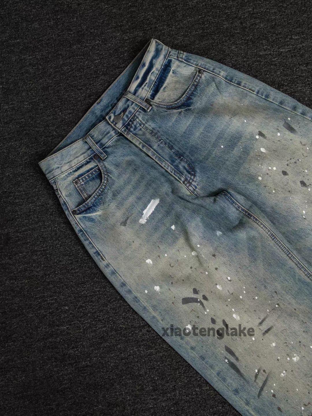 Jean Unisex washed retro faded loose baggy stain paint jeans Size 32" / US 10 / IT 46 - 3 Thumbnail