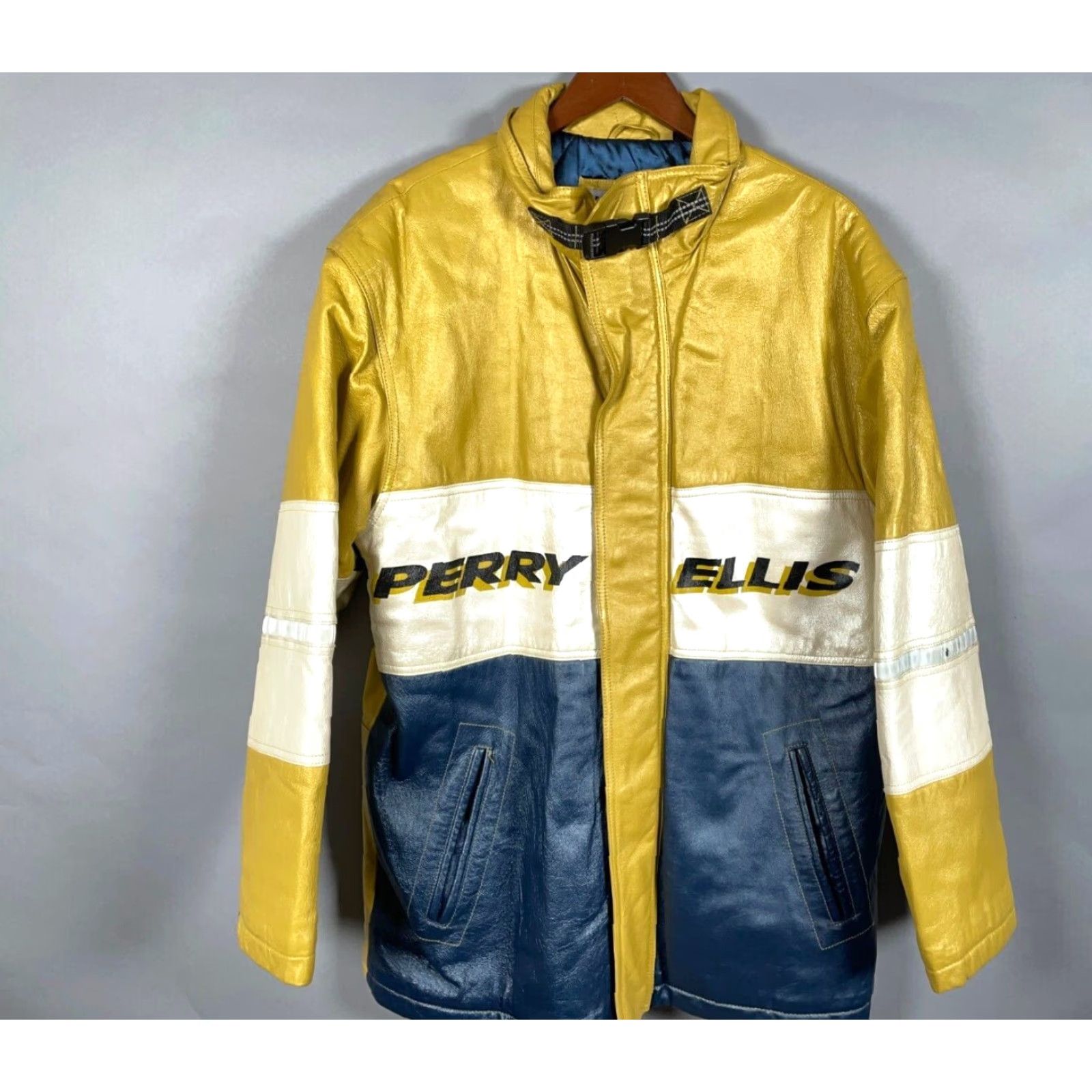 Perry Ellis America Leather Jacket Bomber Adult M Yellow Blue Striped 90s Hip Hop Vintage Mens