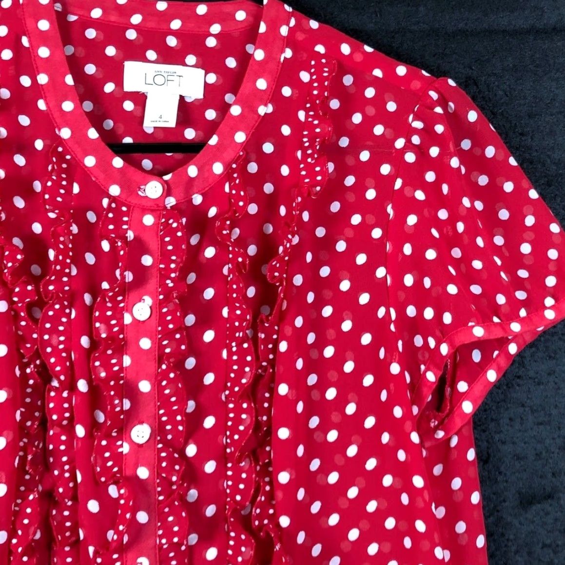 Loft Ann Taylor Loft Blouse Womens Red White Dotted Short Sleeve Sheer Button Down 4 Size S / US 4 / IT 40 - 5 Thumbnail