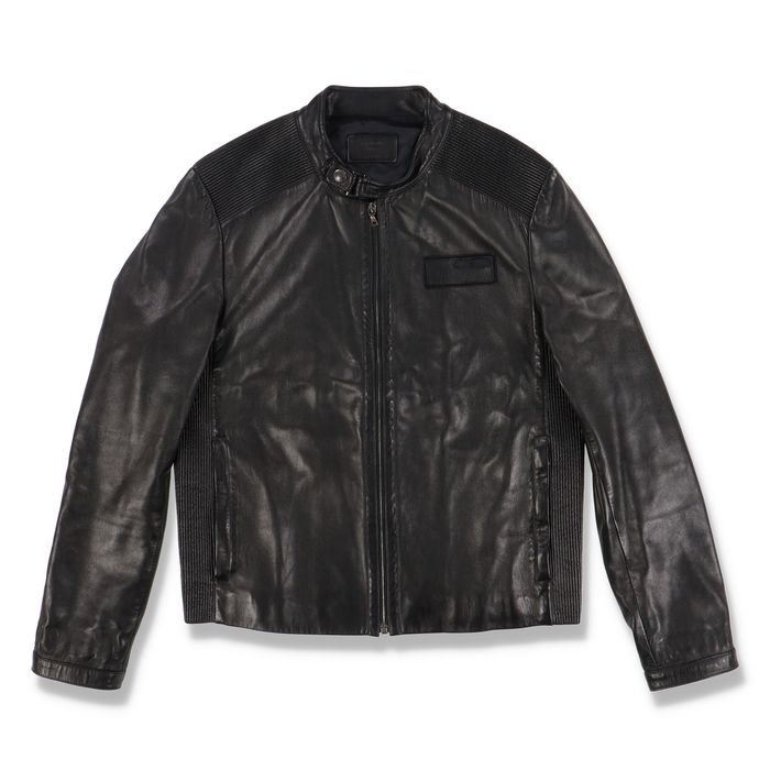 Prada Black Logo Leather Cafe Racer Ribbed Jacket | Grailed