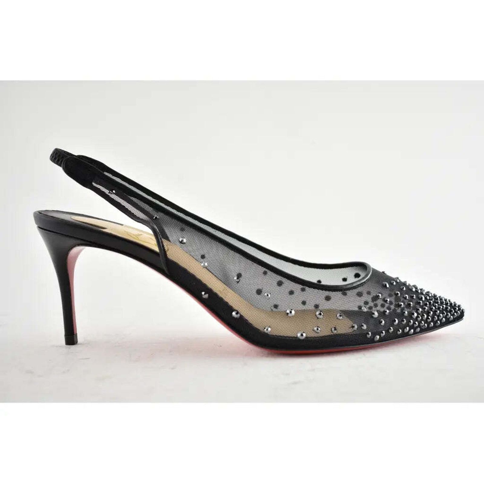Christian Louboutin Follies Strass Sling 70 Black Leather Mesh Heel Pump 38 Size US 12 / IT 42 - 2 Thumbnail