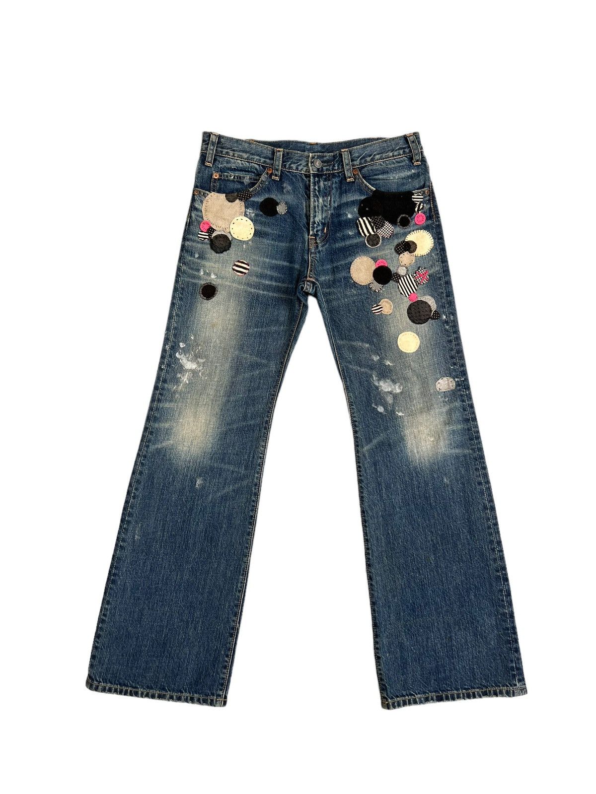 image of Distressed Denim Vintage Rna Japan Distress Patchwork Muddy Denim Flare Jeans in Blue (Size 29)