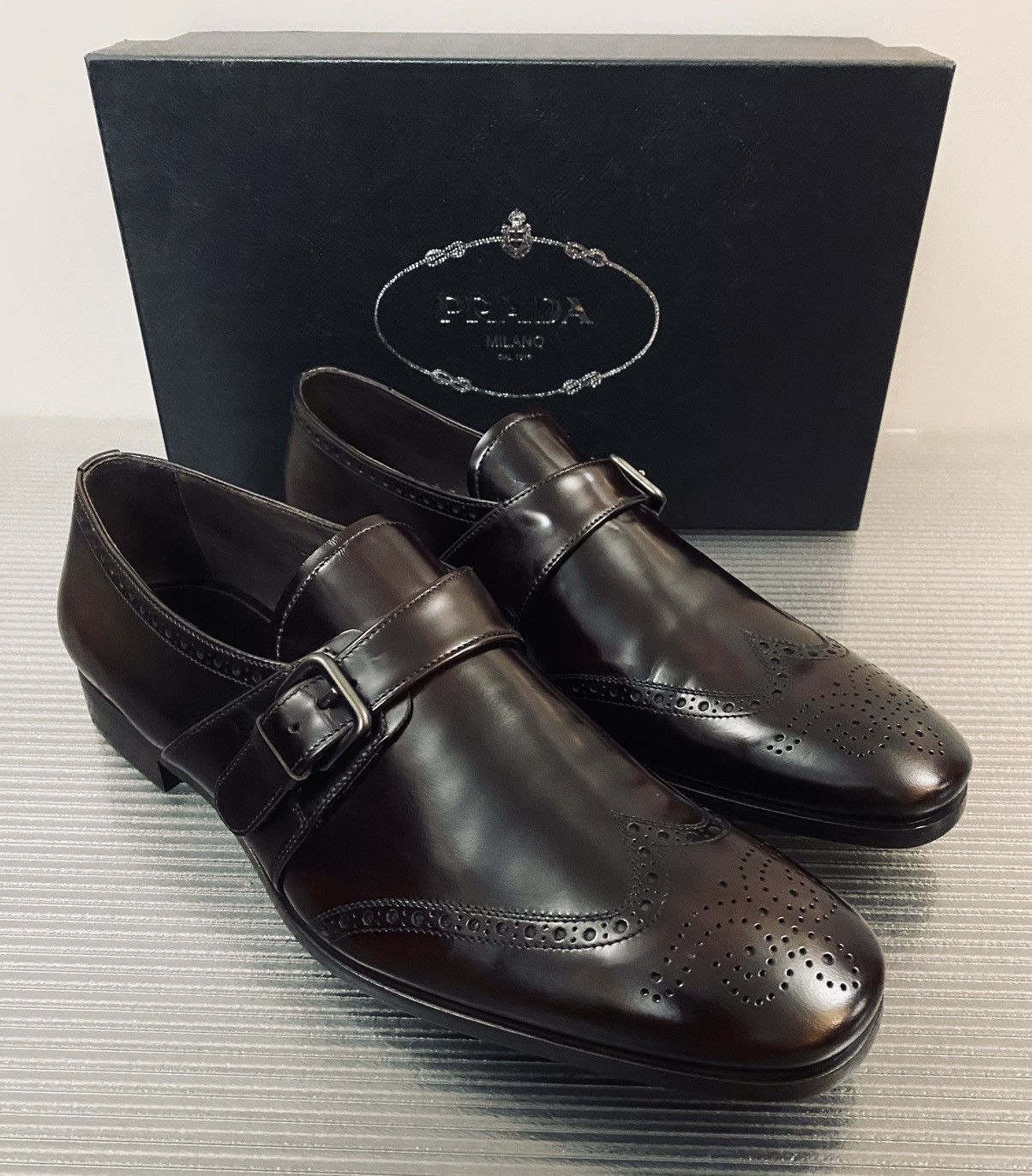 Prada Prada 🇮🇹 Bruciato wingtip toe medallion buckle loafer 11 NEW Size US 11 / EU 44 - 6 Thumbnail