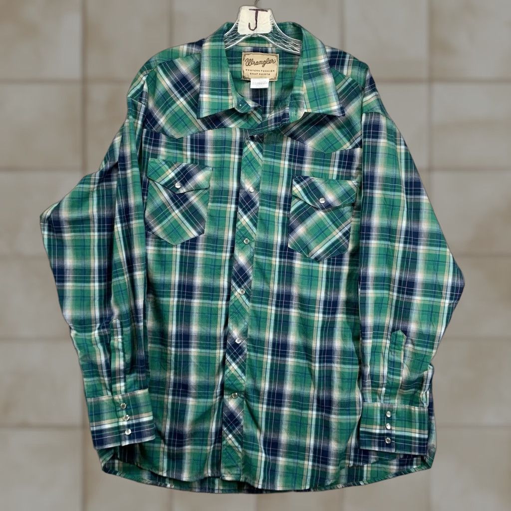 Wrangler Wrangler Mens 2XL Plaid Western Snap Button Long Sleeve Shirt Blue Green Casual Size US XXL / EU 58 / 5 - 1 Thumbnail