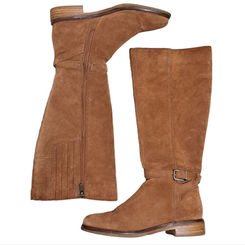 image of Clarks Clark's Clarkdale Clad Dark Tan Suede Tall Boots Low Heel Shoes Si in Brown, Women's (Size 7