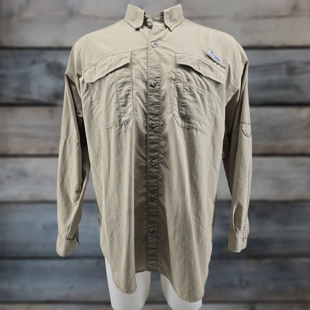 Vintage Columbia PFG Mens XL Long Sleeve Fishing Shirt Tan Khaki Omni-Shade Vented #1 Shirt Adults Regular Mens Bendable Breathable Pockets Size US XL / EU 56 / 4 - 1 Thumbnail