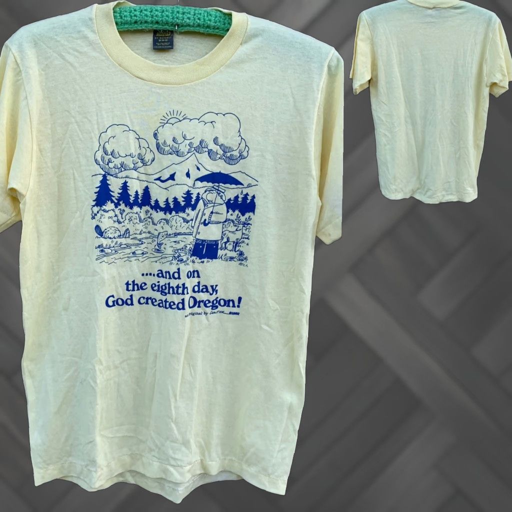 Jerzees VINTAGE …and on the eighth day, God created Oregon! t-shirt Men M Yellow Jerzees by Russell Short Sleeve Graphic Tee 1980s 38-40 USA Size US M / EU 48-50 / 2 - 1 Thumbnail