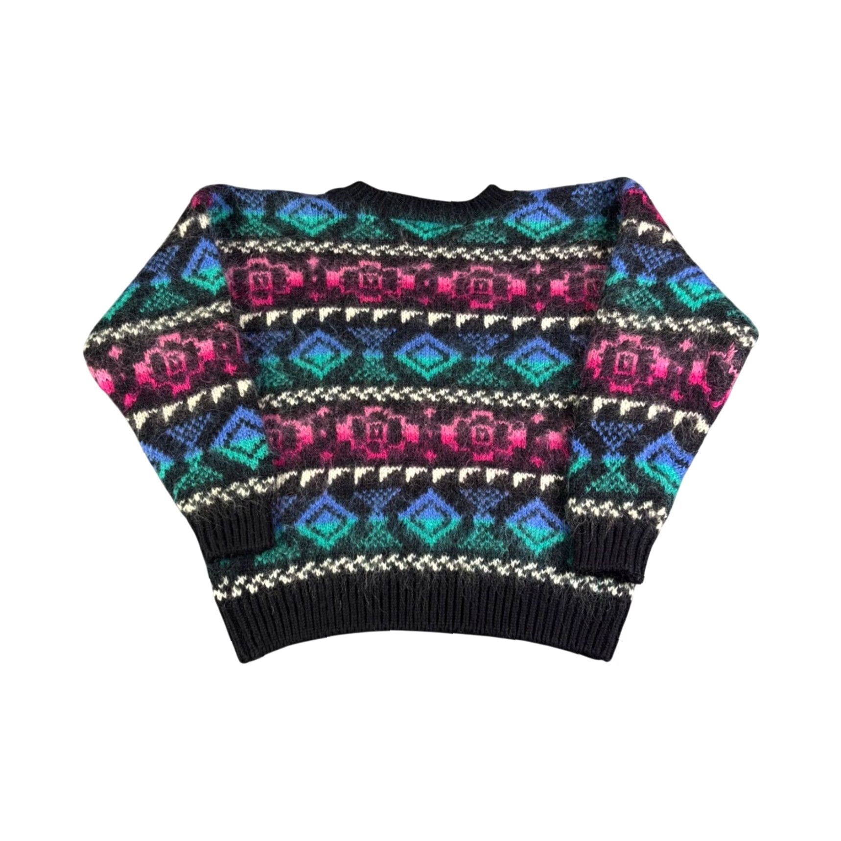 Vintage VINTAGE American Clothing Co Womens Sweater Small Black Pink Teal Geometric Fair Isle Size S / US 4 / IT 40 - 2 Thumbnail