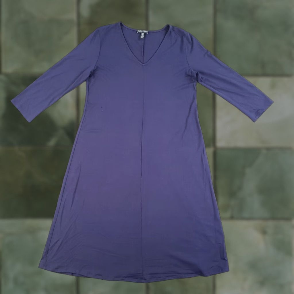 Eileen Fisher VINTAGE Eileen Fisher Dress Women Small Blue Long Sleeve V-Neck Casual Knit Stretch A-Line Size S / US 4 / IT 40 - 1 Thumbnail