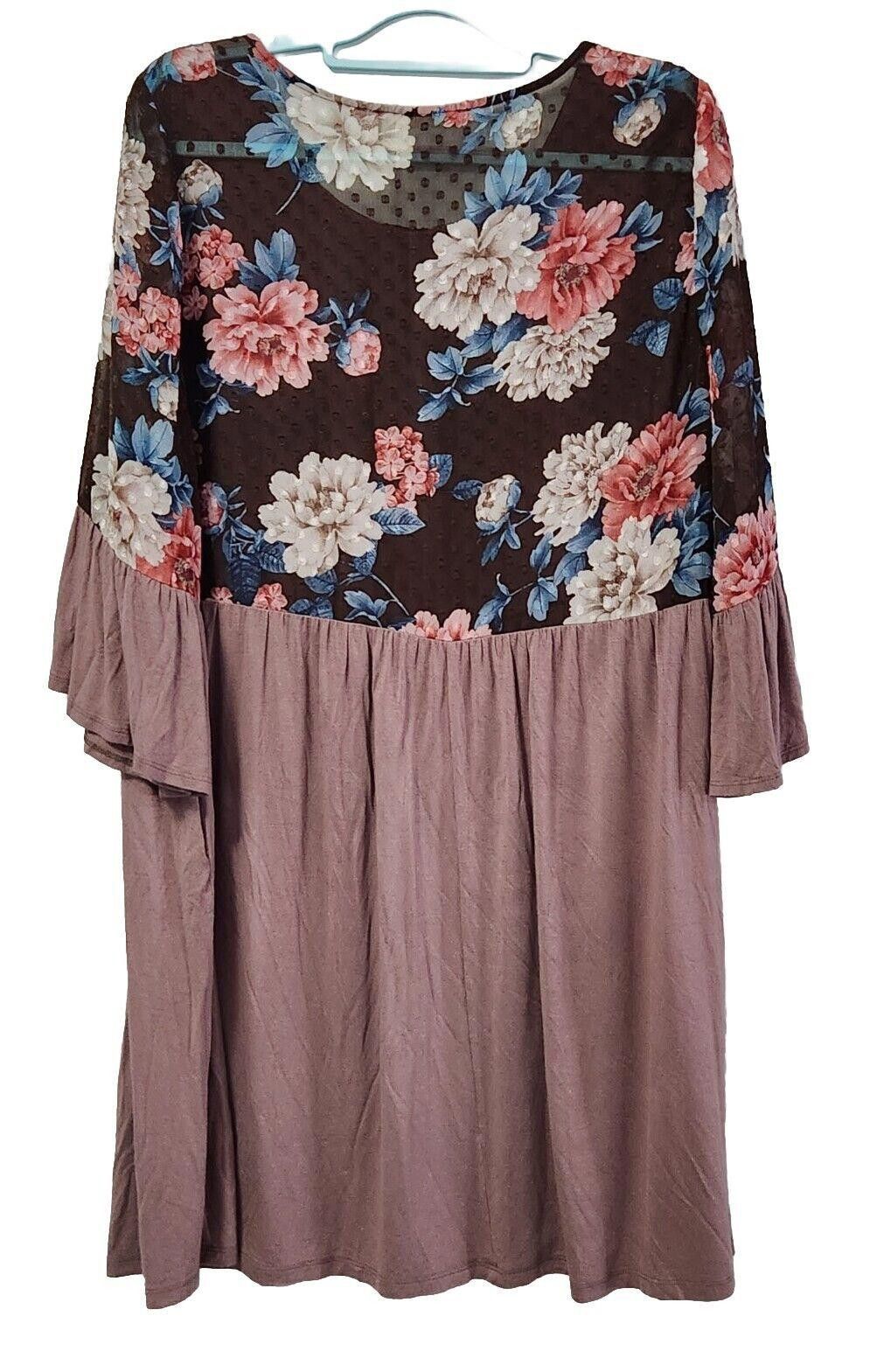 Designer Oddy Dress XL Brown Floral Bell Sleeve Semi Sheer Fall Size XL / US 12-14 / IT 48-50 - 2 Thumbnail