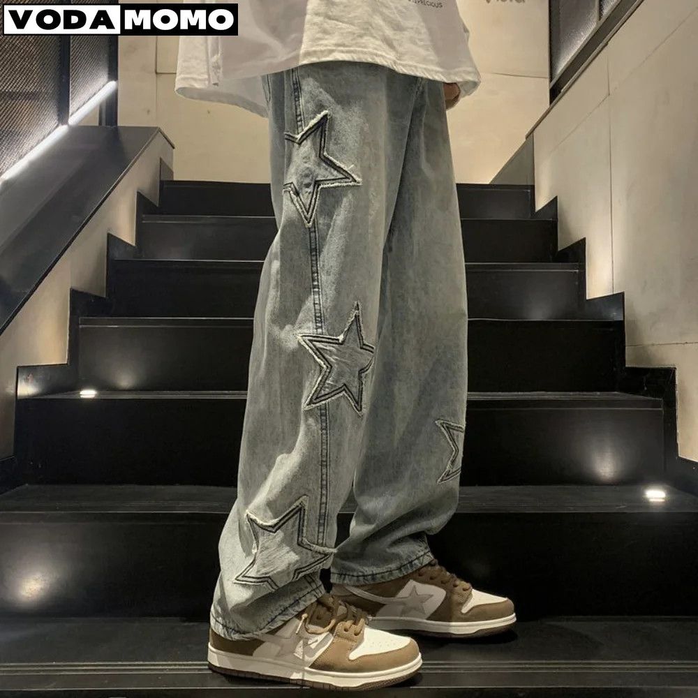 Mens Jeans Star Embroidered Distressed Loose Casual Urban