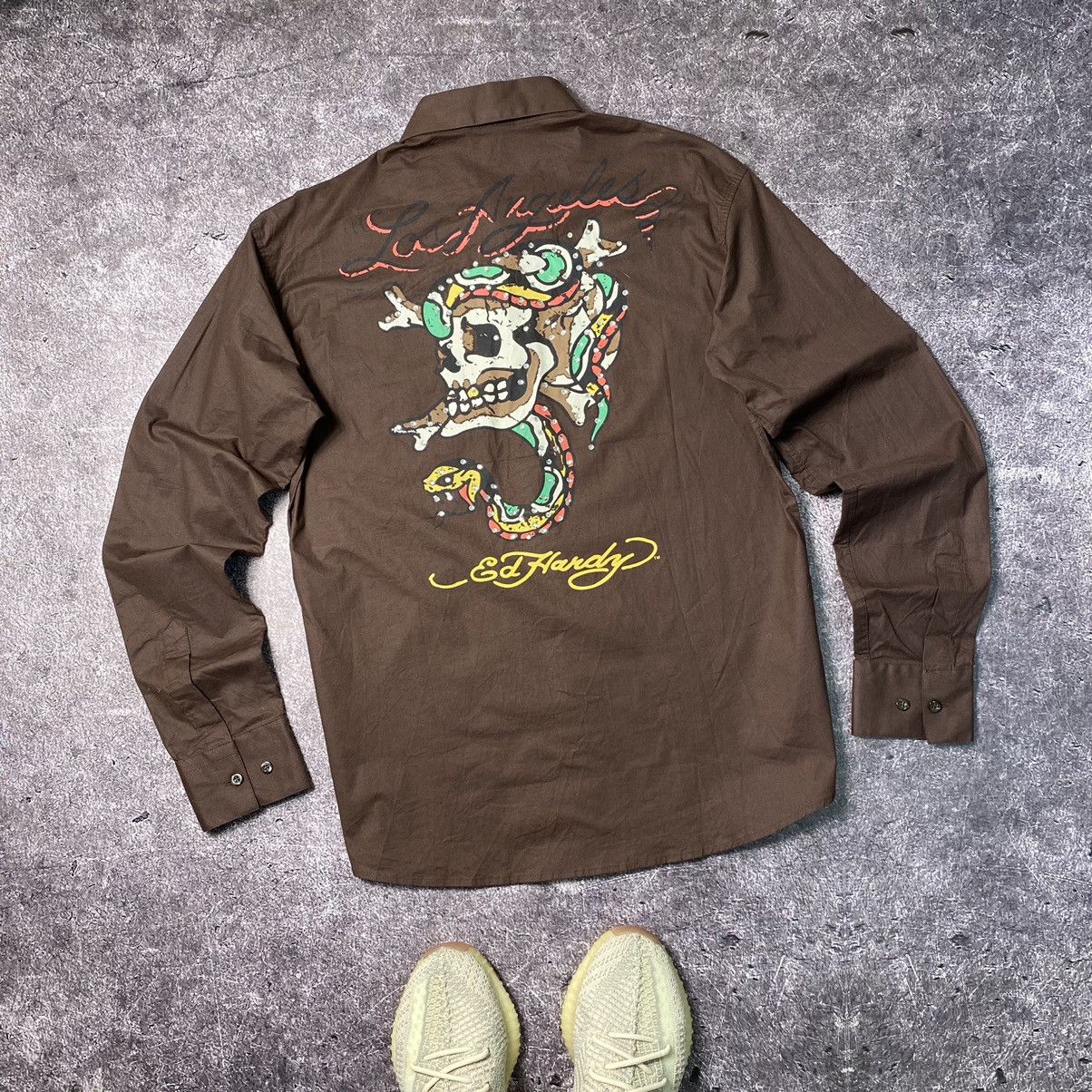 image of Christian Audigier x Ed Hardy Shirt Ed Hardy Vintage/big Logo/made In Usa in Brown (Size Large)
