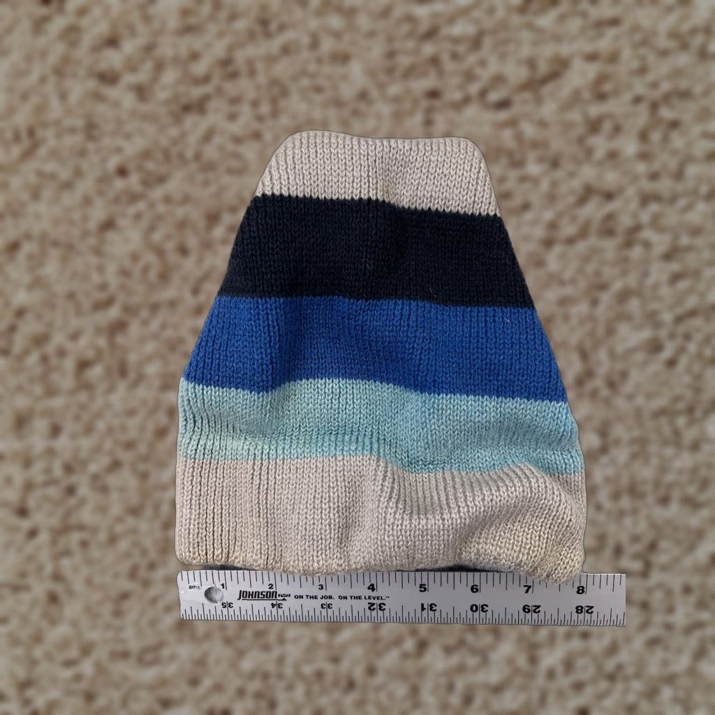 Vintage Smiley Beanie Adult One Size Blue Gray Black Wool Knit Striped Logo Ski Hats Unisex Adults Beanie Mens Womens Size ONE SIZE - 1 Thumbnail