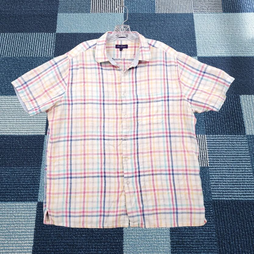 Vintage Alan Flusser White Plaid Linen Button Up Shirt Mens XL Short Sleeve Size US XL / EU 56 / 4 - 1 Thumbnail
