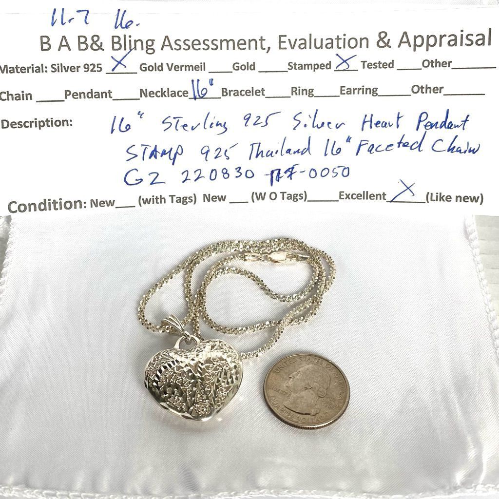 Heart – Stranded GZ# sterling 925 Silver Heart Pendant & 16” Sterling Chain