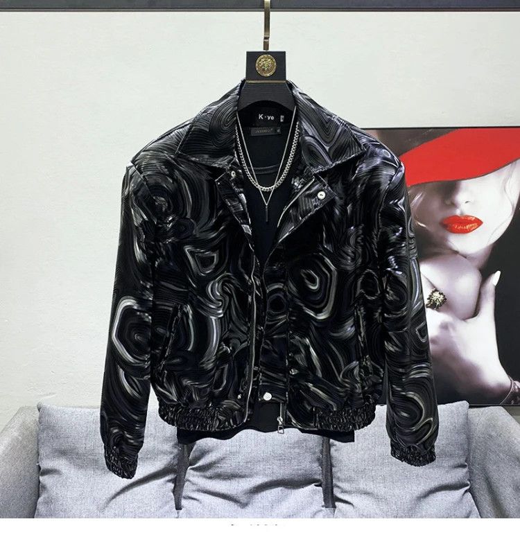 Short Shiny Geometric Faux Leather Bomber Jacket Zipper
