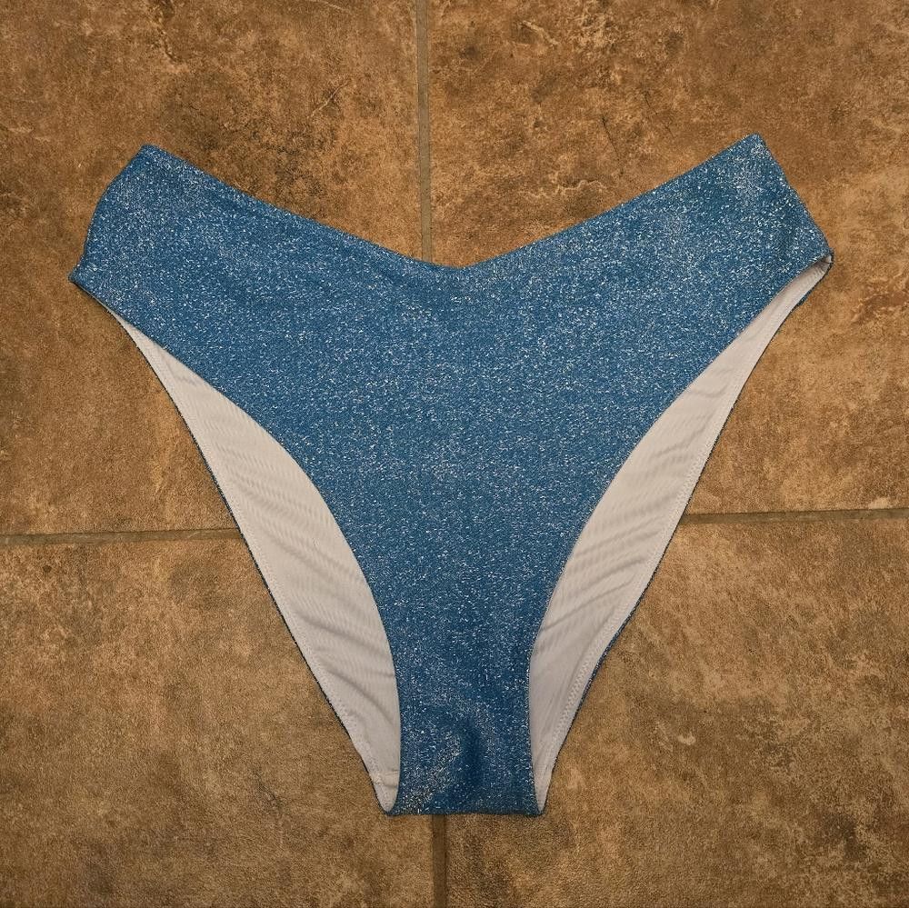Designer Blue Sparkle High Waisted VS Bikini Bottoms Size ONE SIZE - 1 Thumbnail