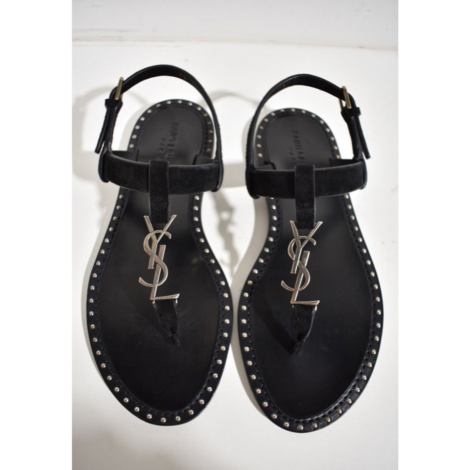 Yves Saint Laurent Saint Laurent YSL Logo Iota 05 Black Suede Studded Thong Size US 9 / IT 39 - 8 Thumbnail