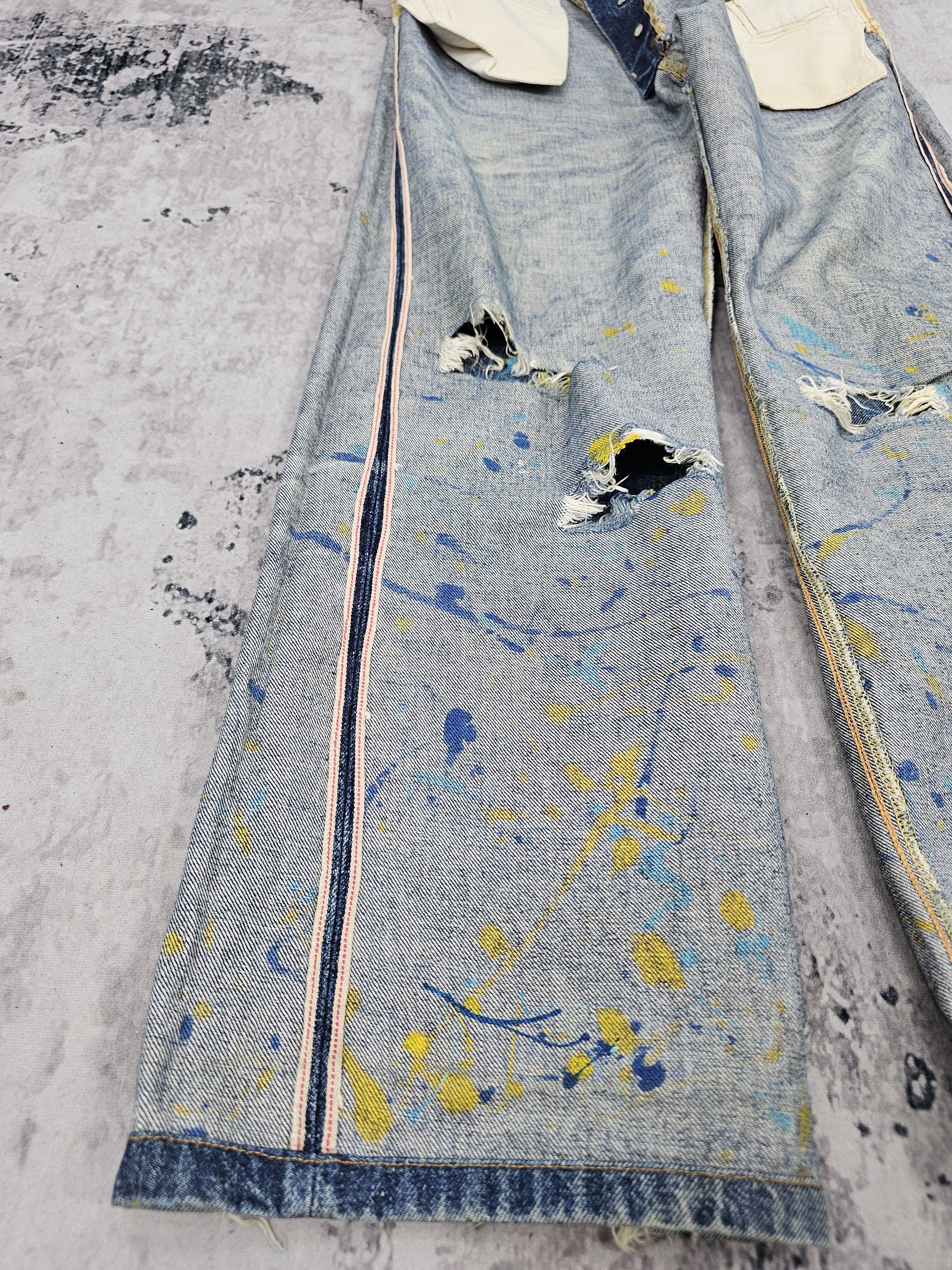 Japanese Brand ACOUSTIC Selvedge Redline Paint Splash Ripped Jeans JB0315 Size US 32 / EU 48 - 14 Thumbnail