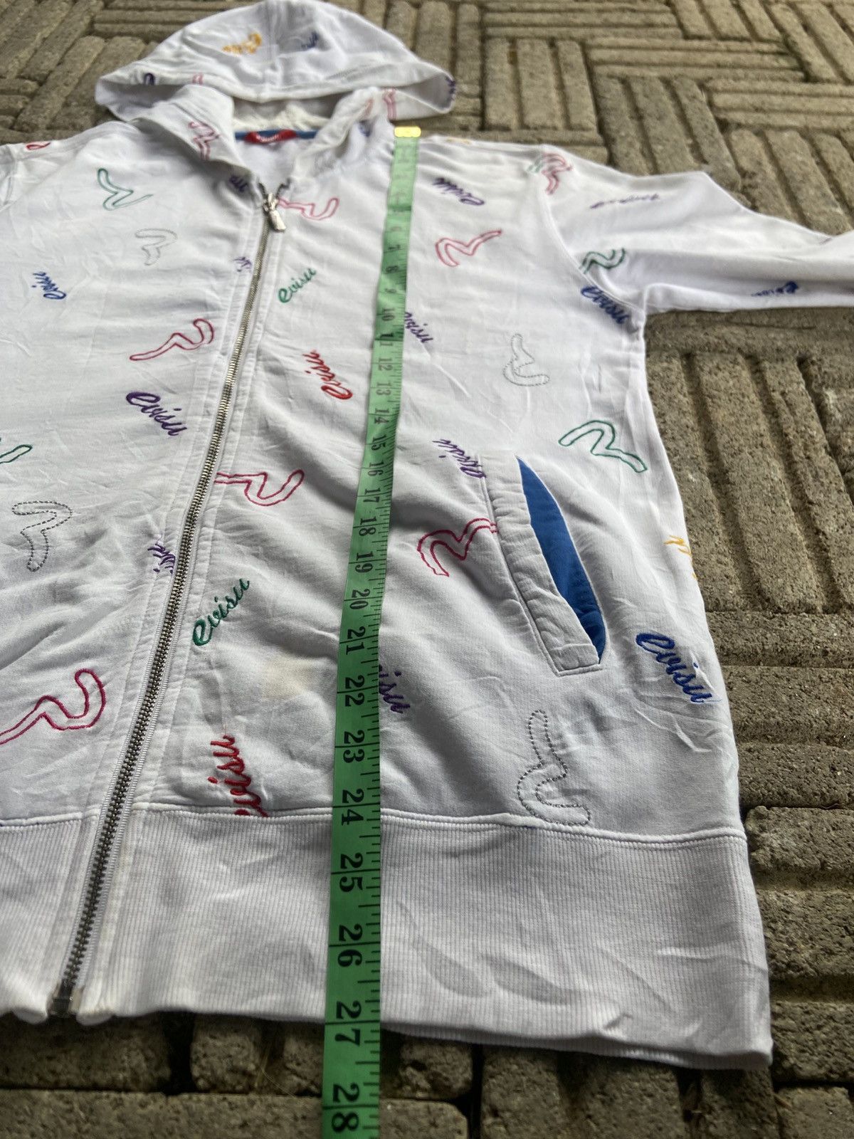 Evisu full-zip hoodie multicolored seagull and logo pattern.