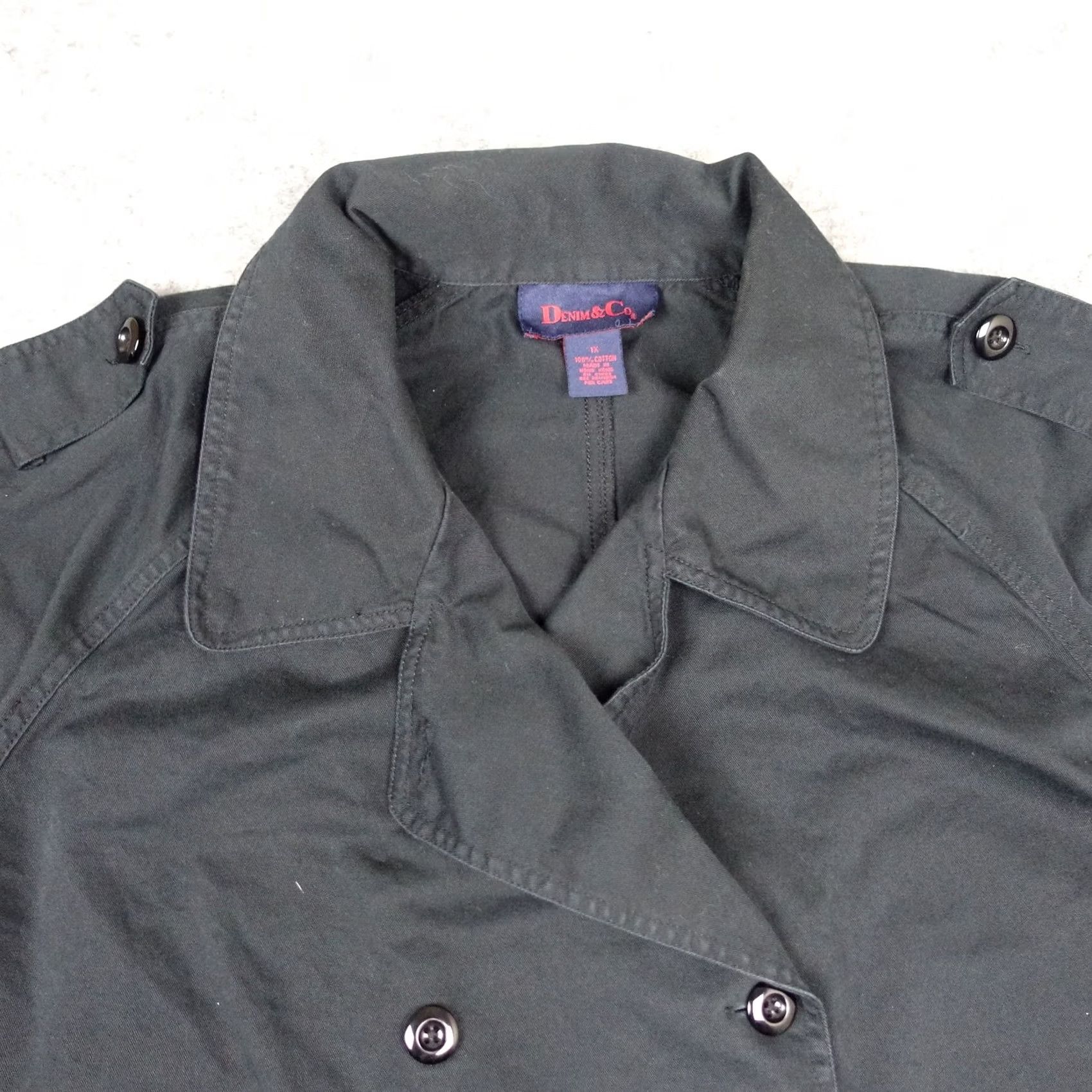 Denim & Co. VINTAGE Denim & Co Coat Womens 1X Black Trench Double Breasted Epaulettes Plus Coat Size XL / US 12-14 / IT 48-50 - 2 Thumbnail