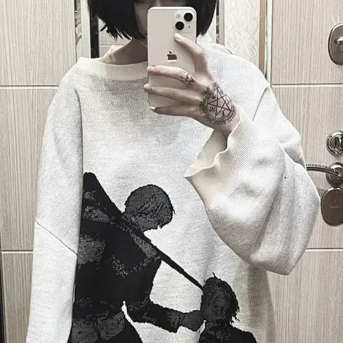 image of Vintage Y2K Grunge Style Knitted Anime Gun Sweater in White, Women's (Size Large)