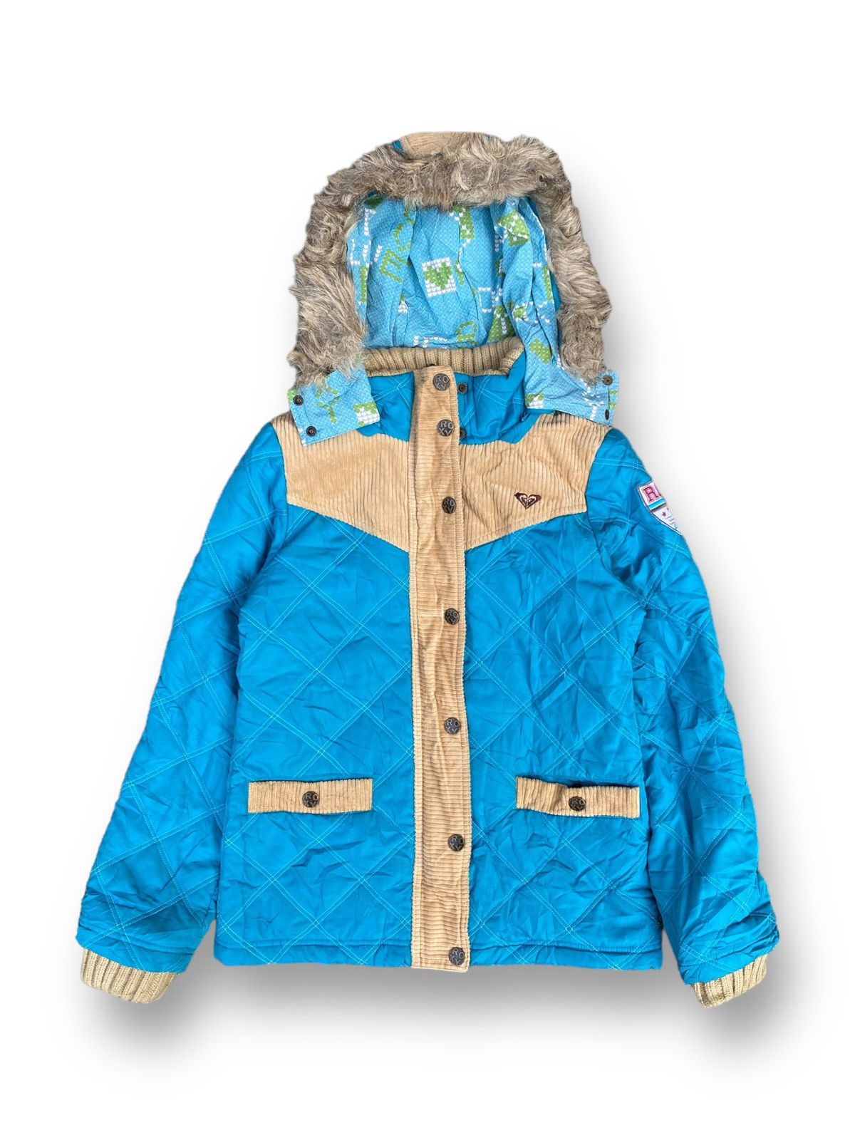 image of Quiksilver x Surf Style Vintage Roxy Quicksilver Hoodie Down Jacket. C7 in Blue, Men's (Size Medium